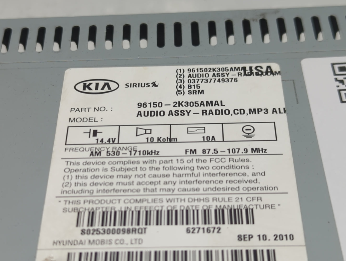 2010-2011 Kia Soul Radio AM FM Cd Player Receiver Replacement P/N:961502K305AMA 96150-2K305AMAL, 037737749376 Fits Fits 2010