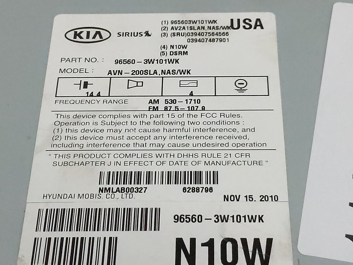 2011 Kia Sportage Radio AM FM Cd Player Receiver Replacement P/N:96560-3W101WK Fits OEM Used Auto Parts - Oemusedautoparts1.