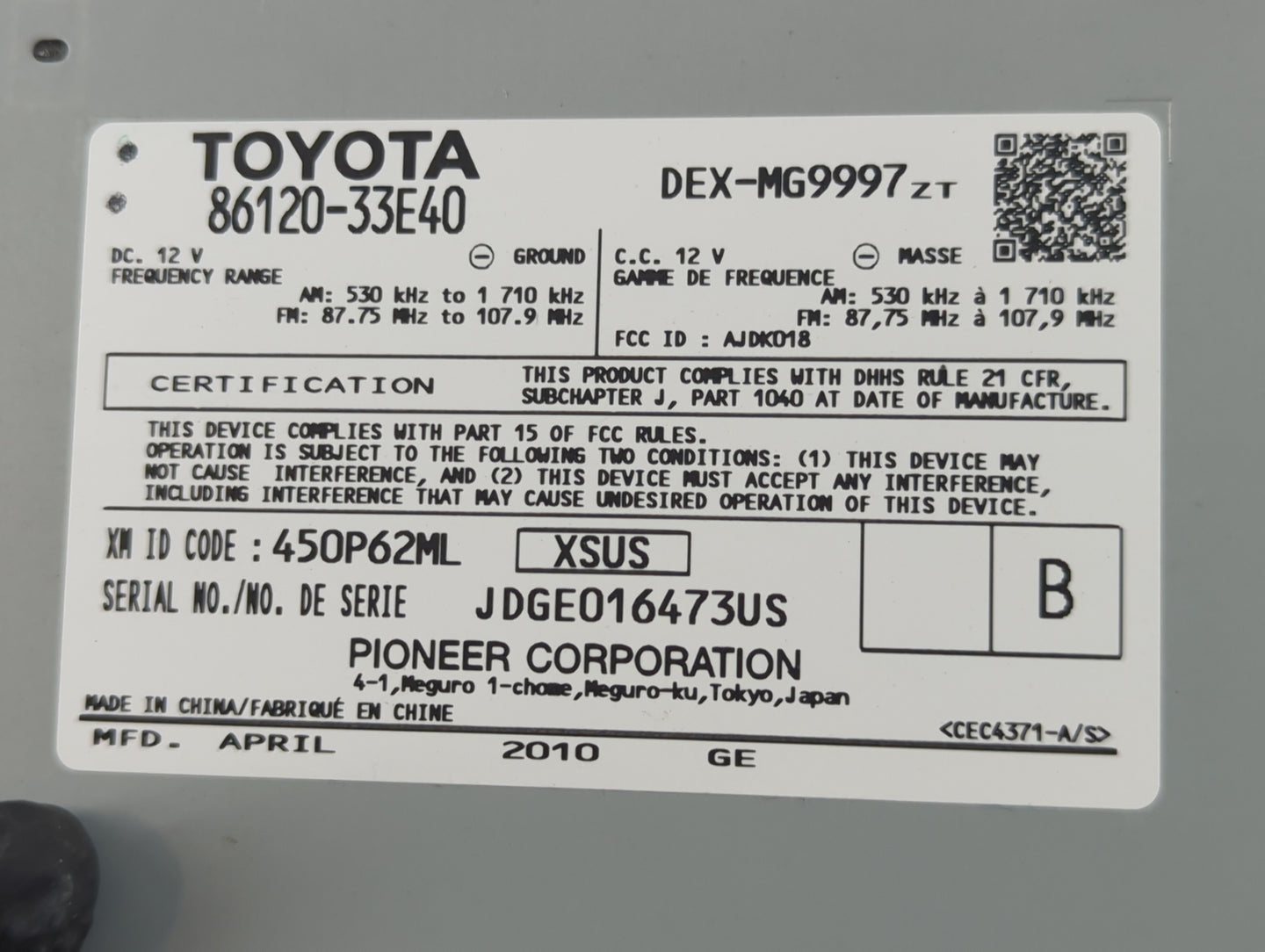 2010-2012 Lexus Es350 Radio AM FM Cd Player Receiver Replacement P/N:86120-33E40 Fits Fits 2010 2011 2012 OEM Used Auto Part