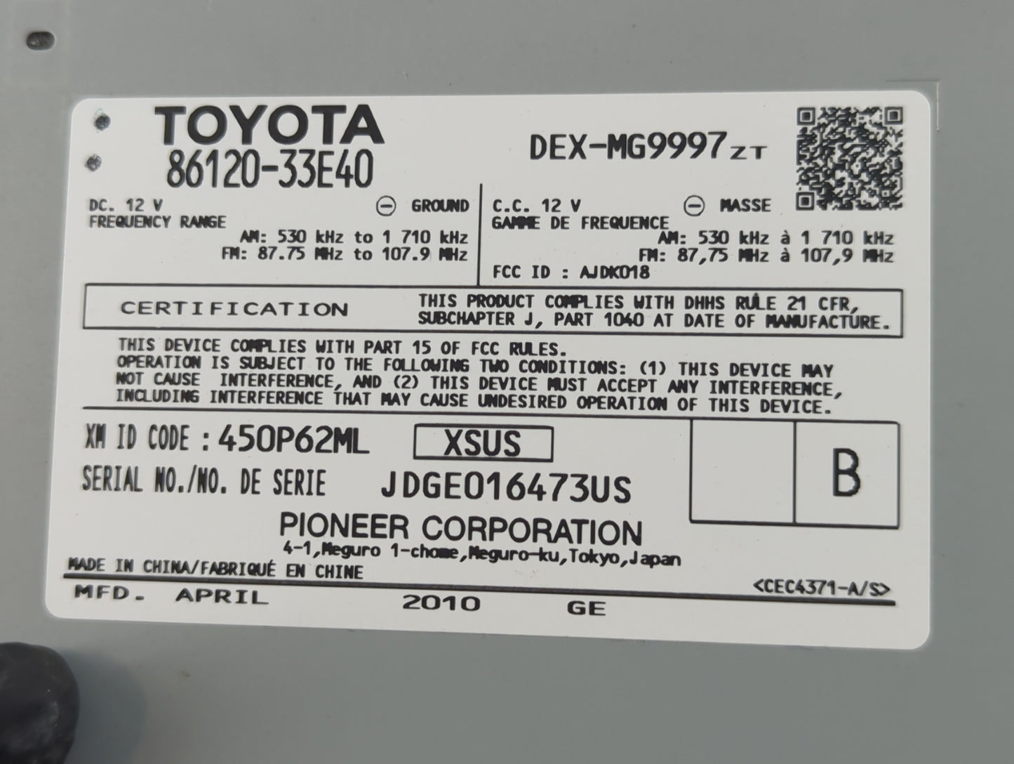2010-2012 Lexus Es350 Radio AM FM Cd Player Receiver Replacement P/N:86120-33E40 Fits Fits 2010 2011 2012 OEM Used Auto Part