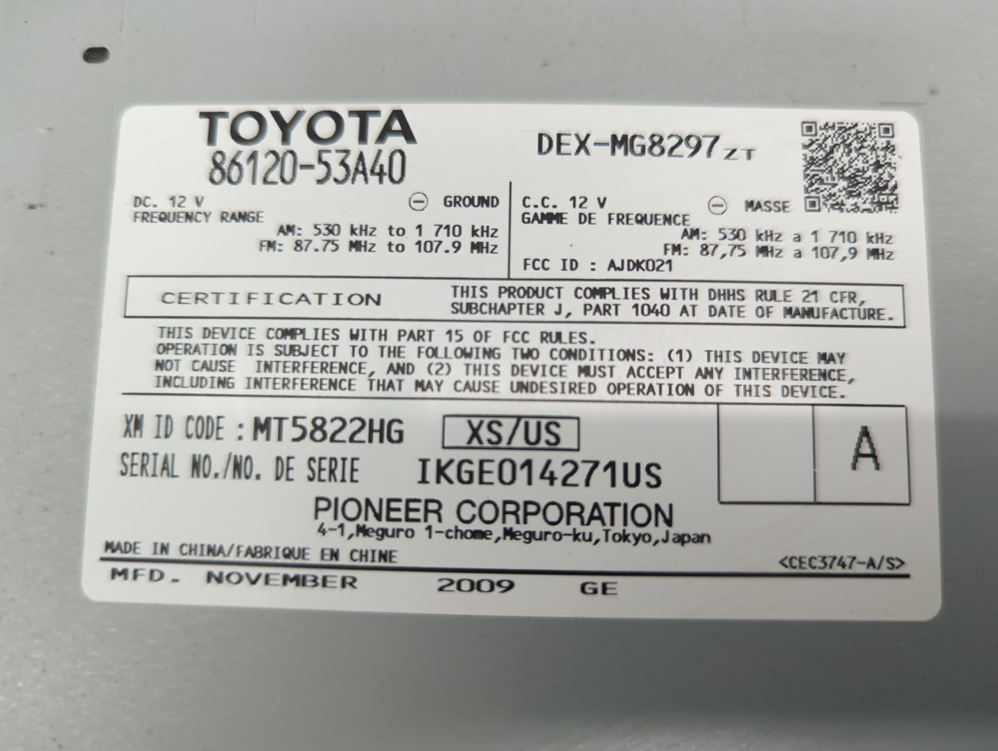2010-2012 Lexus Is350 Radio AM FM Cd Player Receiver Replacement P/N:86120-53A40 DEX-MG8297, AJDK021 Fits Fits 2010 2011 201
