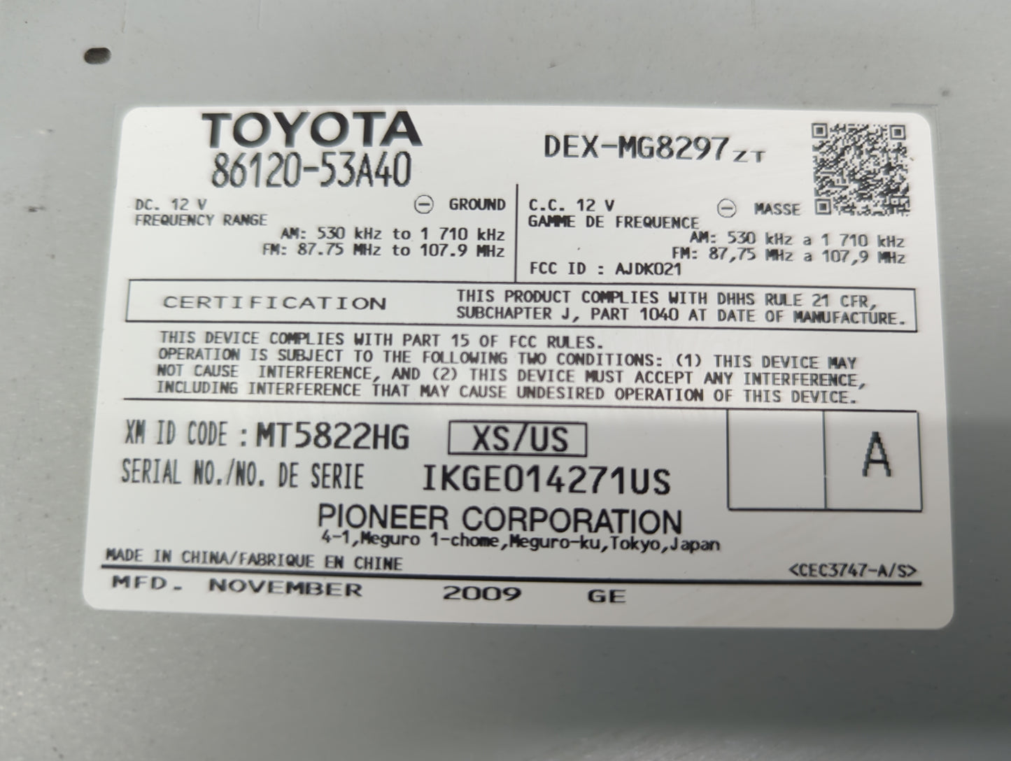 2010-2012 Lexus Is350 Radio AM FM Cd Player Receiver Replacement P/N:86120-53A40 DEX-MG8297, AJDK021 Fits Fits 2010 2011 201