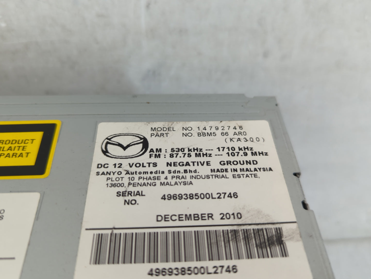 2011 Mazda 3 Radio AM FM Cd Player Receiver Replacement P/N:BBM5 66 AR0 523129, BBM7 66 ARX Fits OEM Used Auto Parts - Oemus
