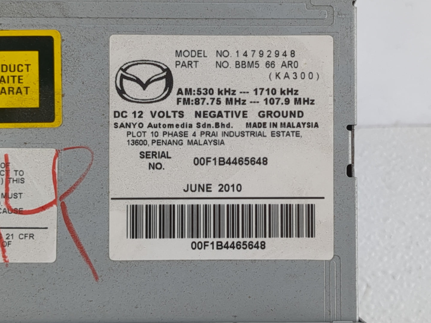 2011 Mazda 3 Radio AM FM Cd Player Receiver Replacement P/N:BBM5 66 AR0 Fits OEM Used Auto Parts - Oemusedautoparts1.com