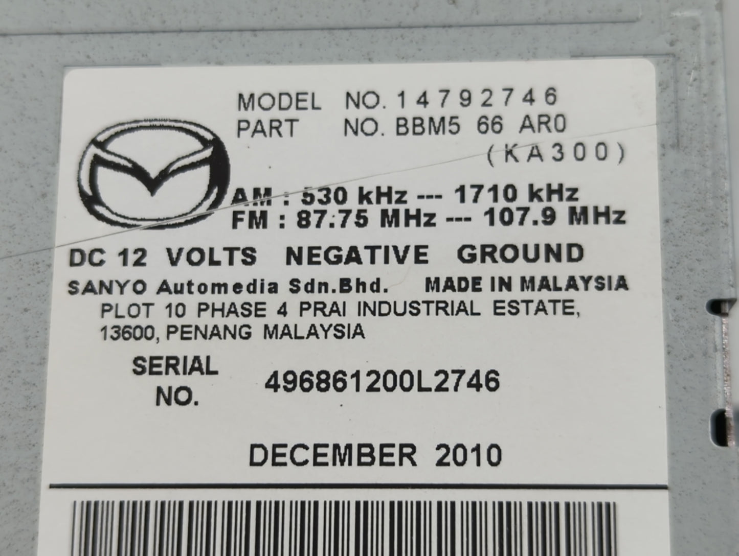 2011 Mazda 3 Radio AM FM Cd Player Receiver Replacement P/N:BBM5 66 AR0 14792746 Fits OEM Used Auto Parts - Oemusedautoparts