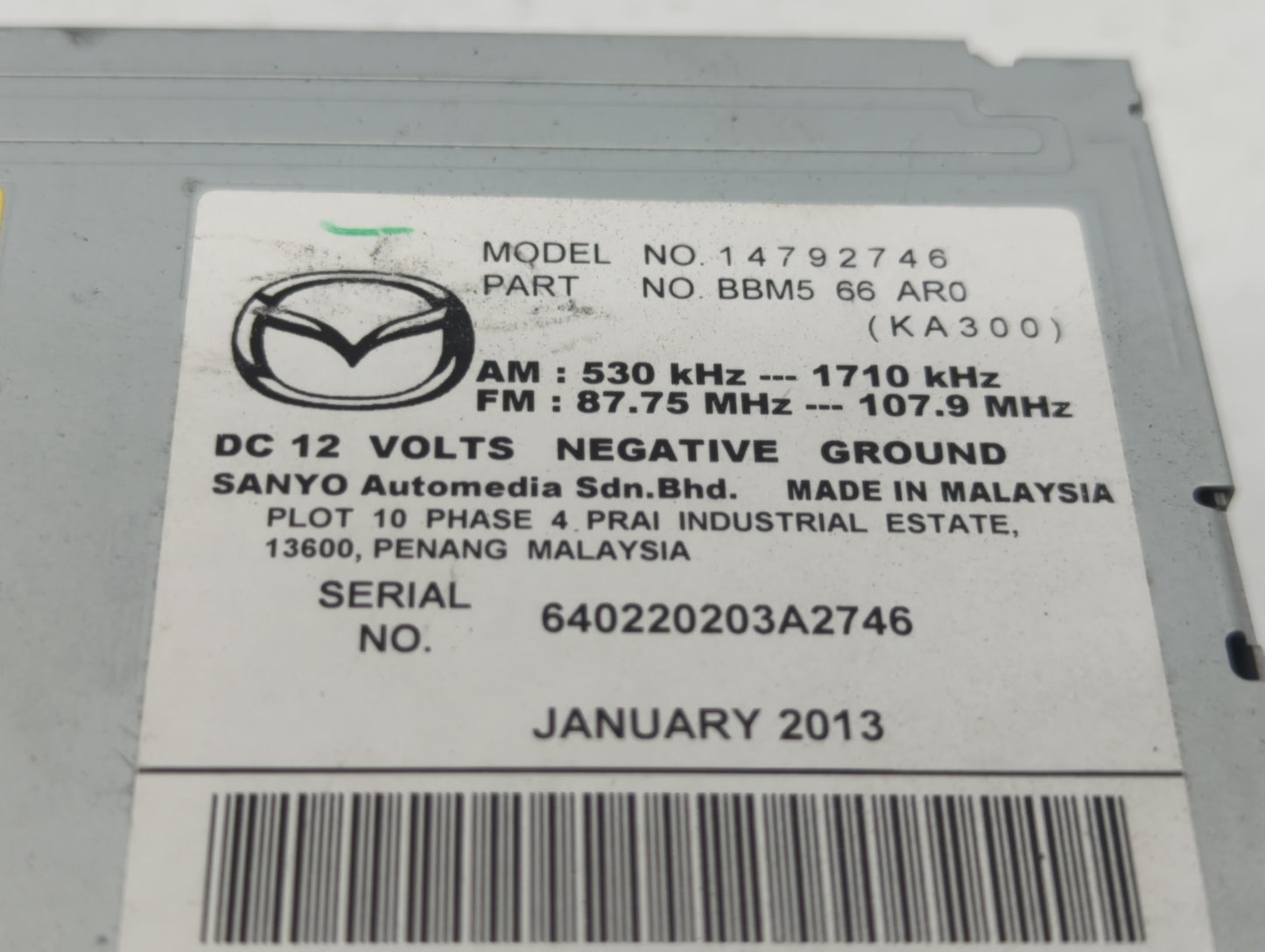 2011 Mazda 3 Radio AM FM Cd Player Receiver Replacement P/N:14792948 14792746, BBM5 66 AR0 Fits OEM Used Auto Parts - Oemuse