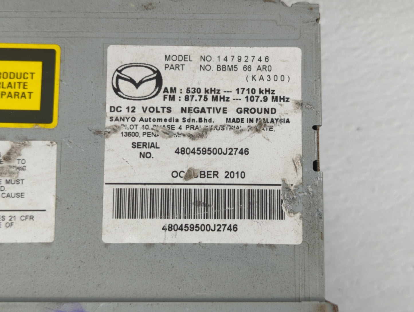 2011 Mazda 3 Radio AM FM Cd Player Receiver Replacement P/N:BBM5 66 AR0 Fits OEM Used Auto Parts - Oemusedautoparts1.com