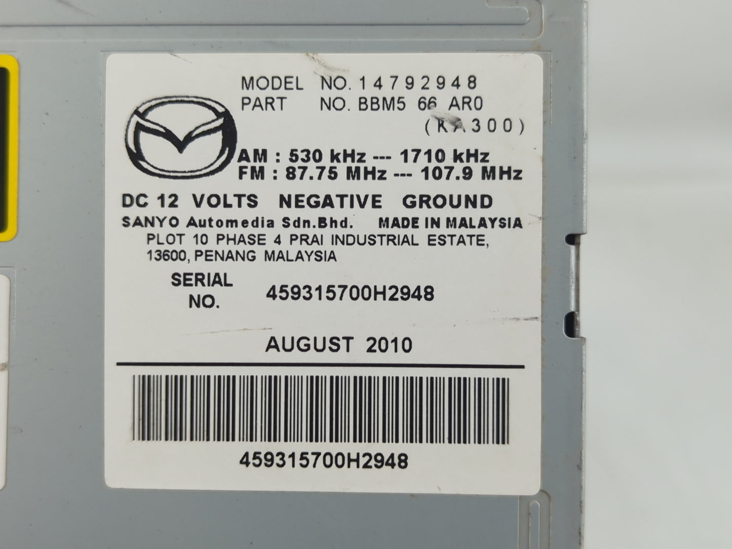 2011 Mazda 3 Radio AM FM Cd Player Receiver Replacement P/N:14792948 BBM5 66 AR0 Fits OEM Used Auto Parts - Oemusedautoparts