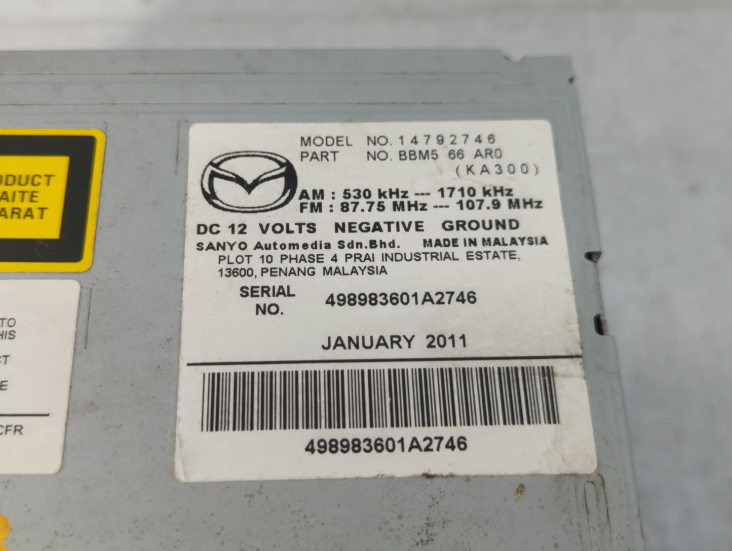 2011 Mazda 3 Radio AM FM Cd Player Receiver Replacement P/N:BBM5 66 AR0 14792746 Fits OEM Used Auto Parts - Oemusedautoparts