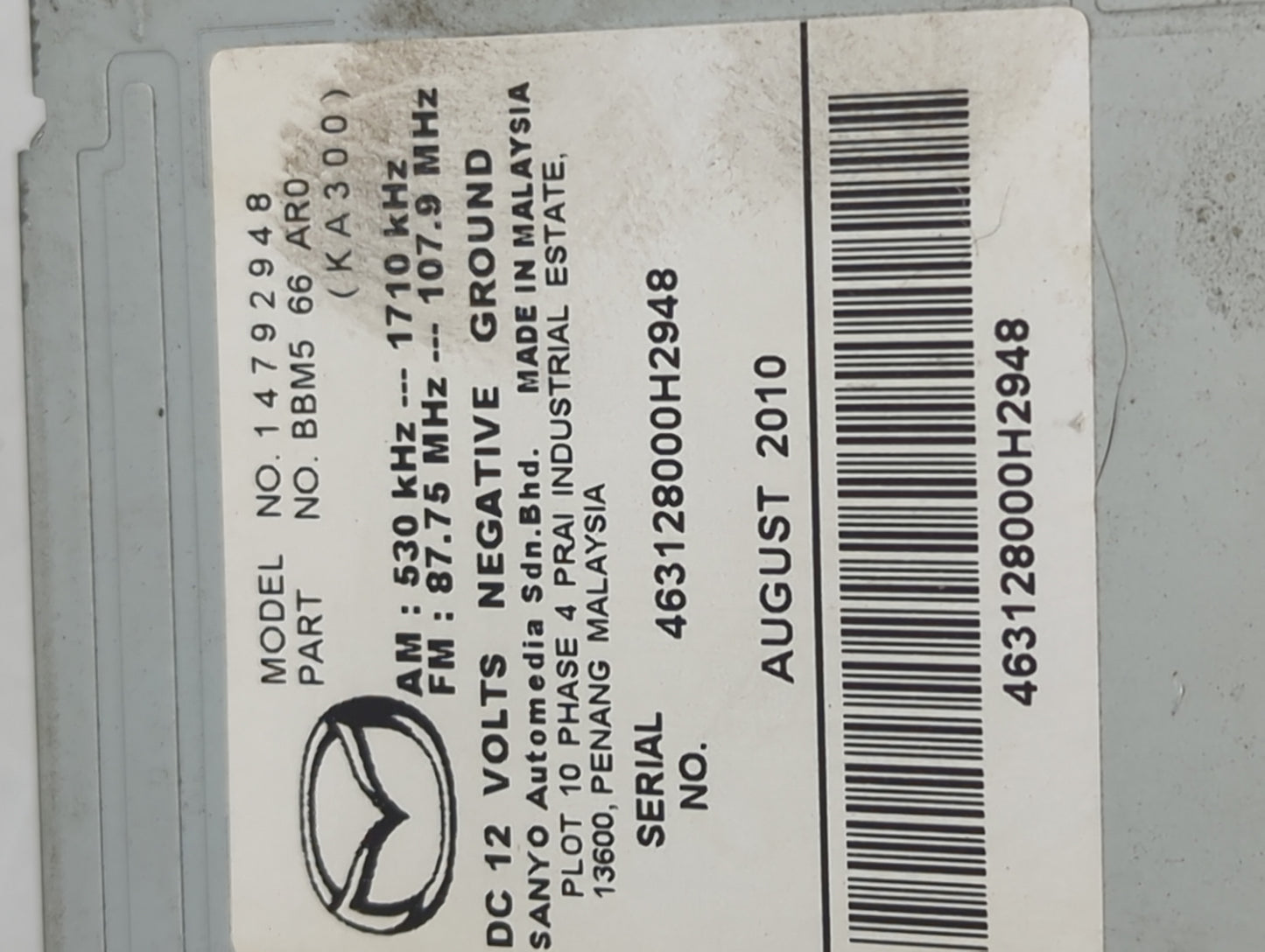 2011 Mazda Mazda3 Radio AM FM Cd Player Receiver Replacement P/N:14792948 BBM5 66 AR0, BBM5 66 AR0A, BBM2 66 AH0A Fits OEM U