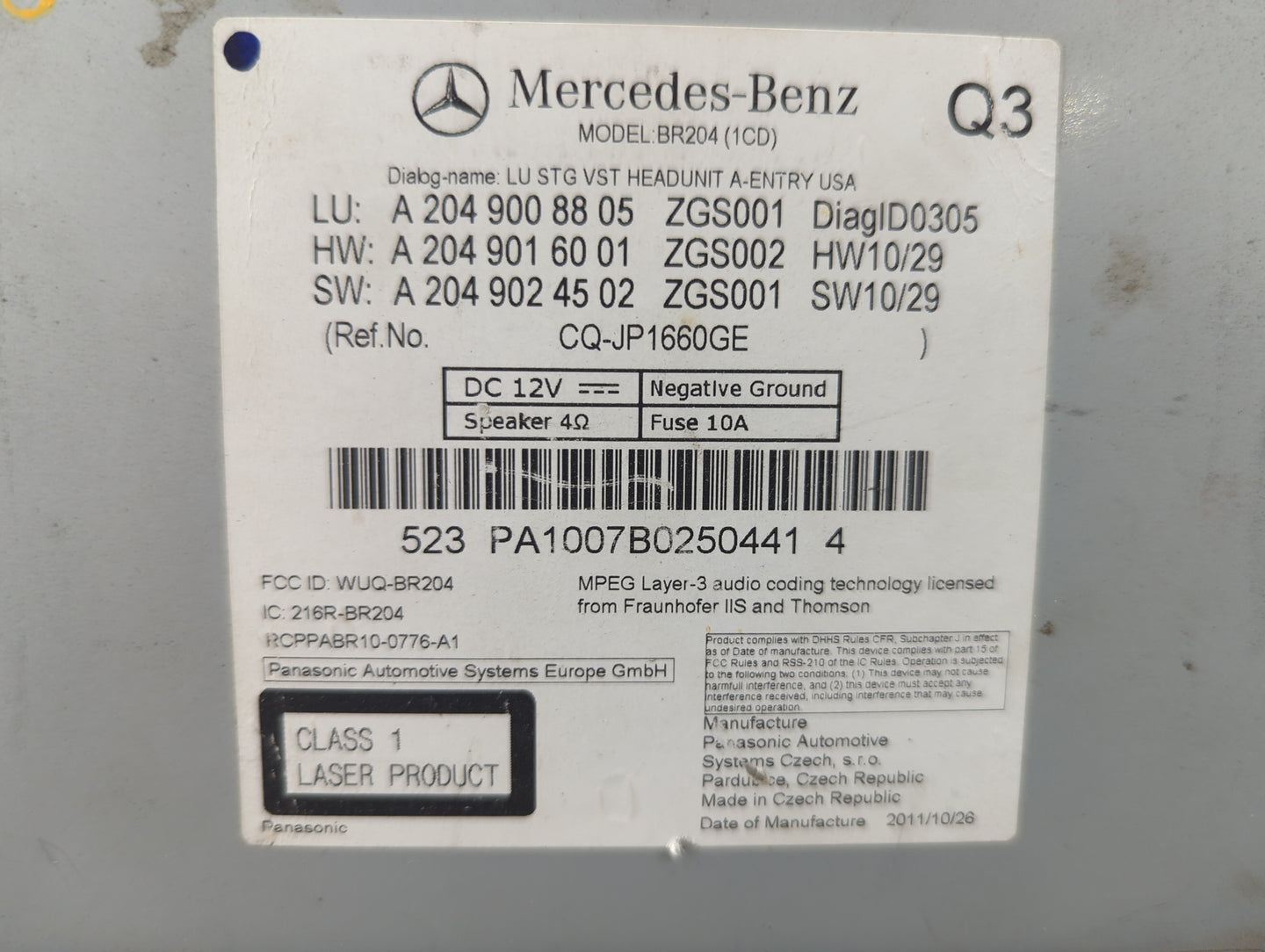 2011 Mercedes-Benz C300 Radio AM FM Cd Player Receiver Replacement P/N:A2049008805 A2049016001, A2049024502 Fits Fits 2012 O