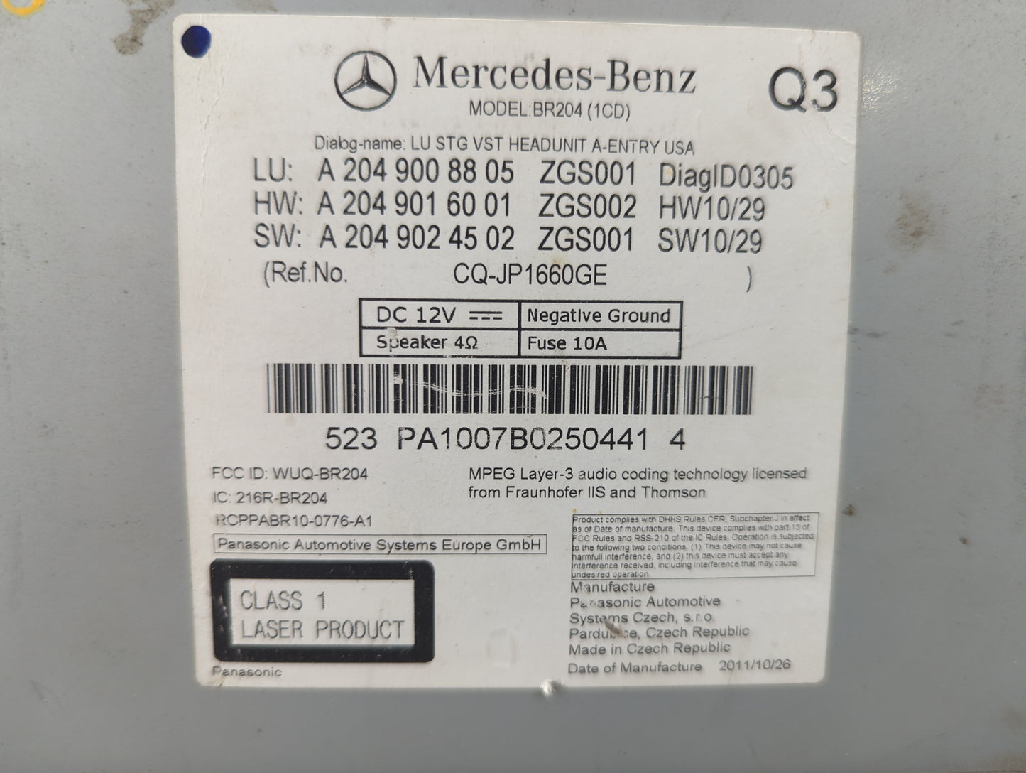 2011 Mercedes-Benz C300 Radio AM FM Cd Player Receiver Replacement P/N:A2049008805 A2049016001, A2049024502 Fits Fits 2012 O