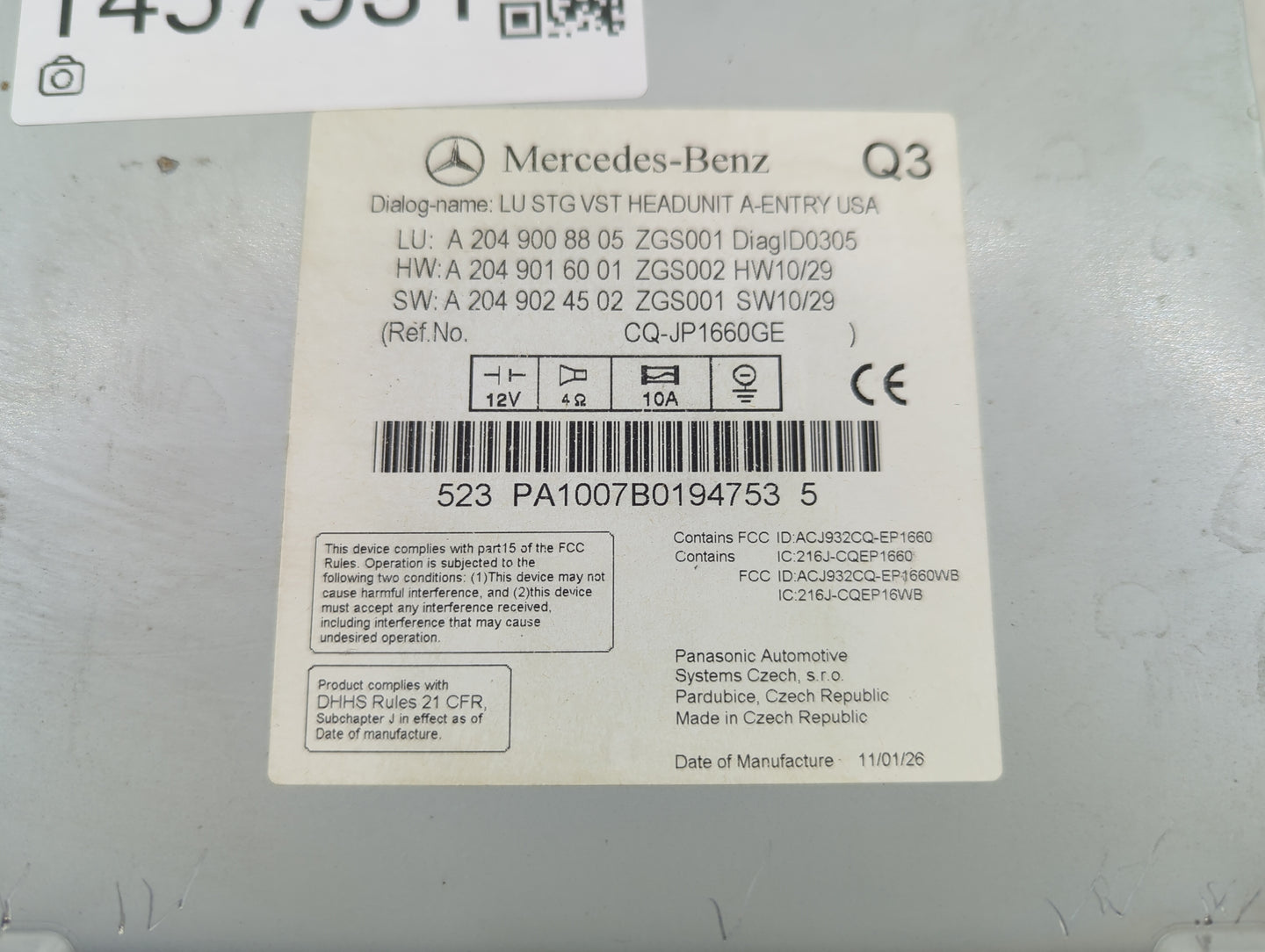 2011-2012 Mercedes-Benz Glk350 Radio AM FM Cd Player Receiver Replacement P/N:A2049008805 A2049016001 Fits Fits 2011 2012 OE