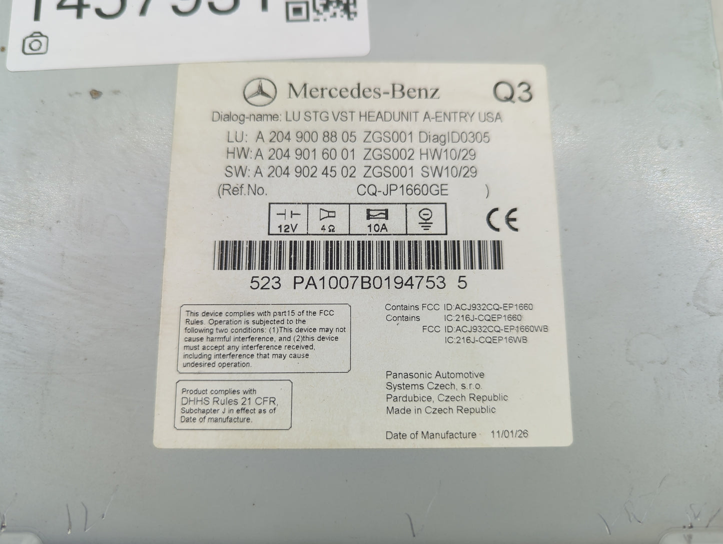 2011-2012 Mercedes-Benz Glk350 Radio AM FM Cd Player Receiver Replacement P/N:A2049008805 A2049016001 Fits Fits 2011 2012 OE