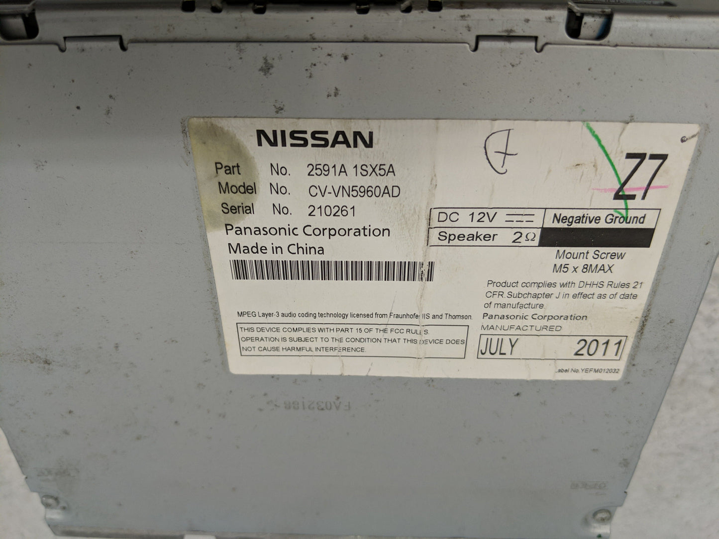 2011-2012 Nissan Murano Radio AM FM Cd Player Receiver Replacement P/N:2591A ASX5A Fits Fits 2010 2011 2012 2013 2014 2015 O