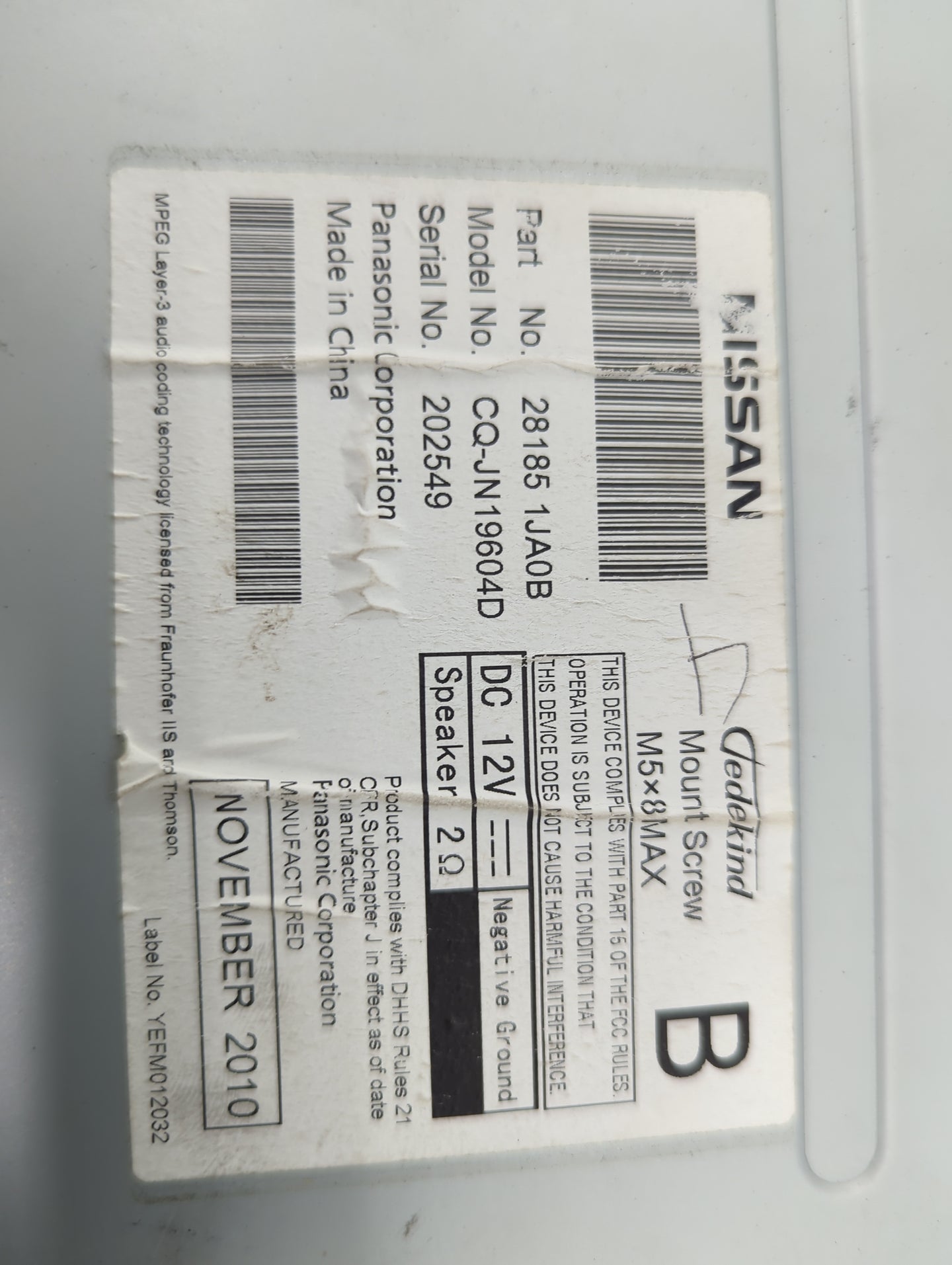 2011 Nissan Quest Radio AM FM Cd Player Receiver Replacement P/N:28185 1JA0B CQ-JN19604D Fits OEM Used Auto Parts - Oemuseda
