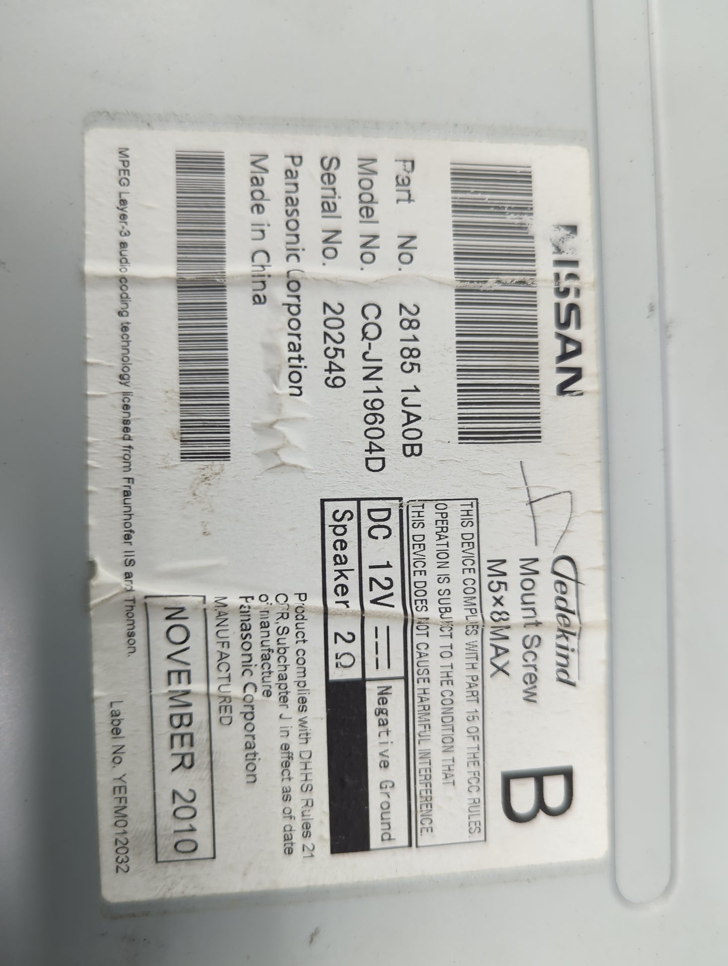 2011 Nissan Quest Radio AM FM Cd Player Receiver Replacement P/N:28185 1JA0B CQ-JN19604D Fits OEM Used Auto Parts - Oemuseda