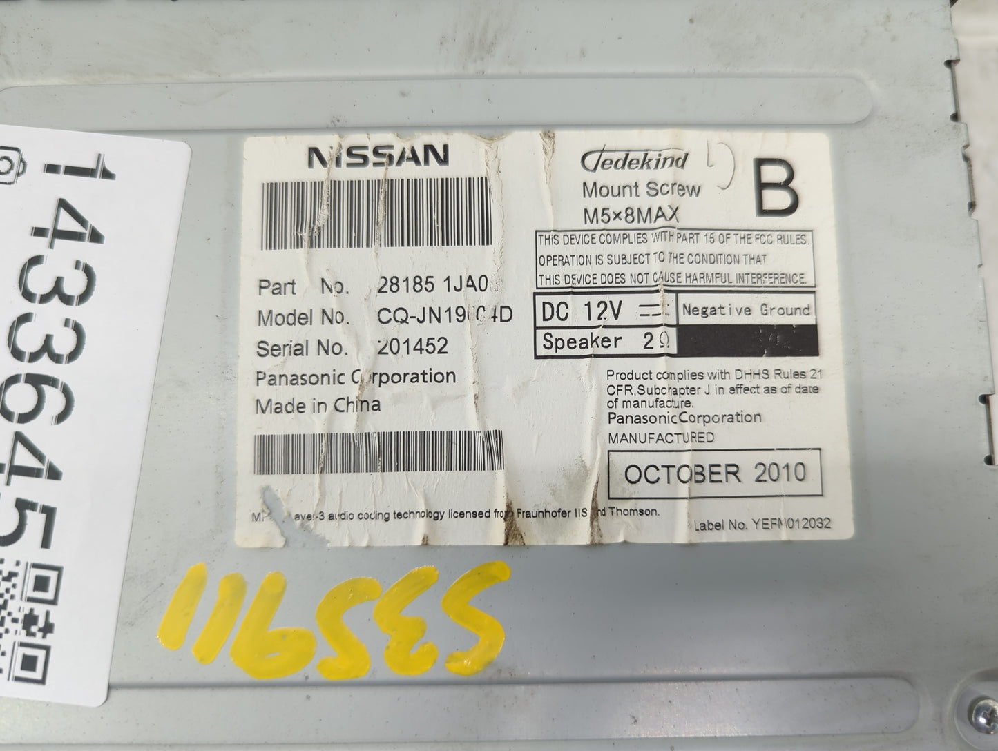 2011 Nissan Quest Radio AM FM Cd Player Receiver Replacement P/N:28185 1JA0 CQ-JN1904D Fits OEM Used Auto Parts - Oemusedaut