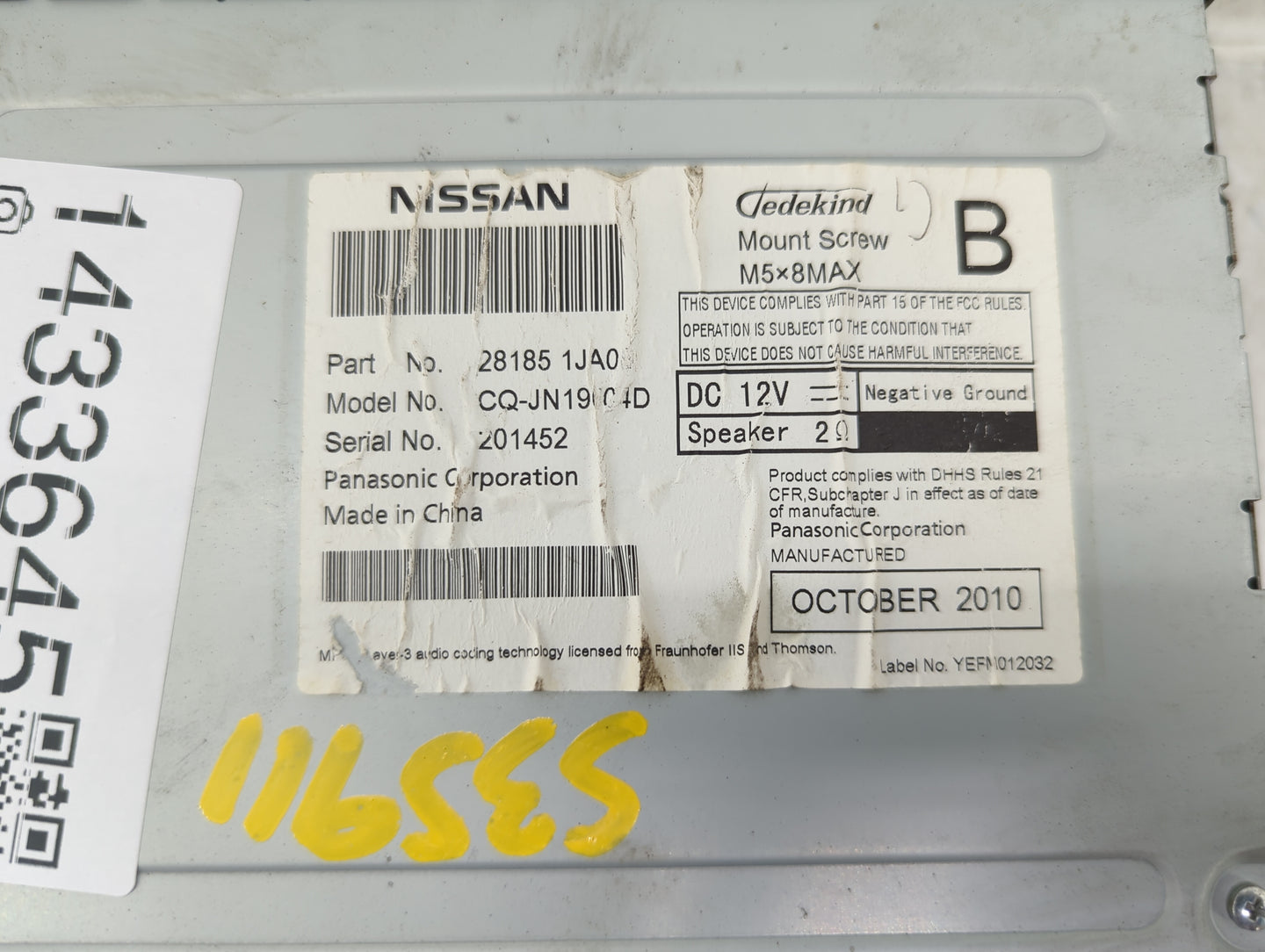 2011 Nissan Quest Radio AM FM Cd Player Receiver Replacement P/N:28185 1JA0 CQ-JN1904D Fits OEM Used Auto Parts - Oemusedaut