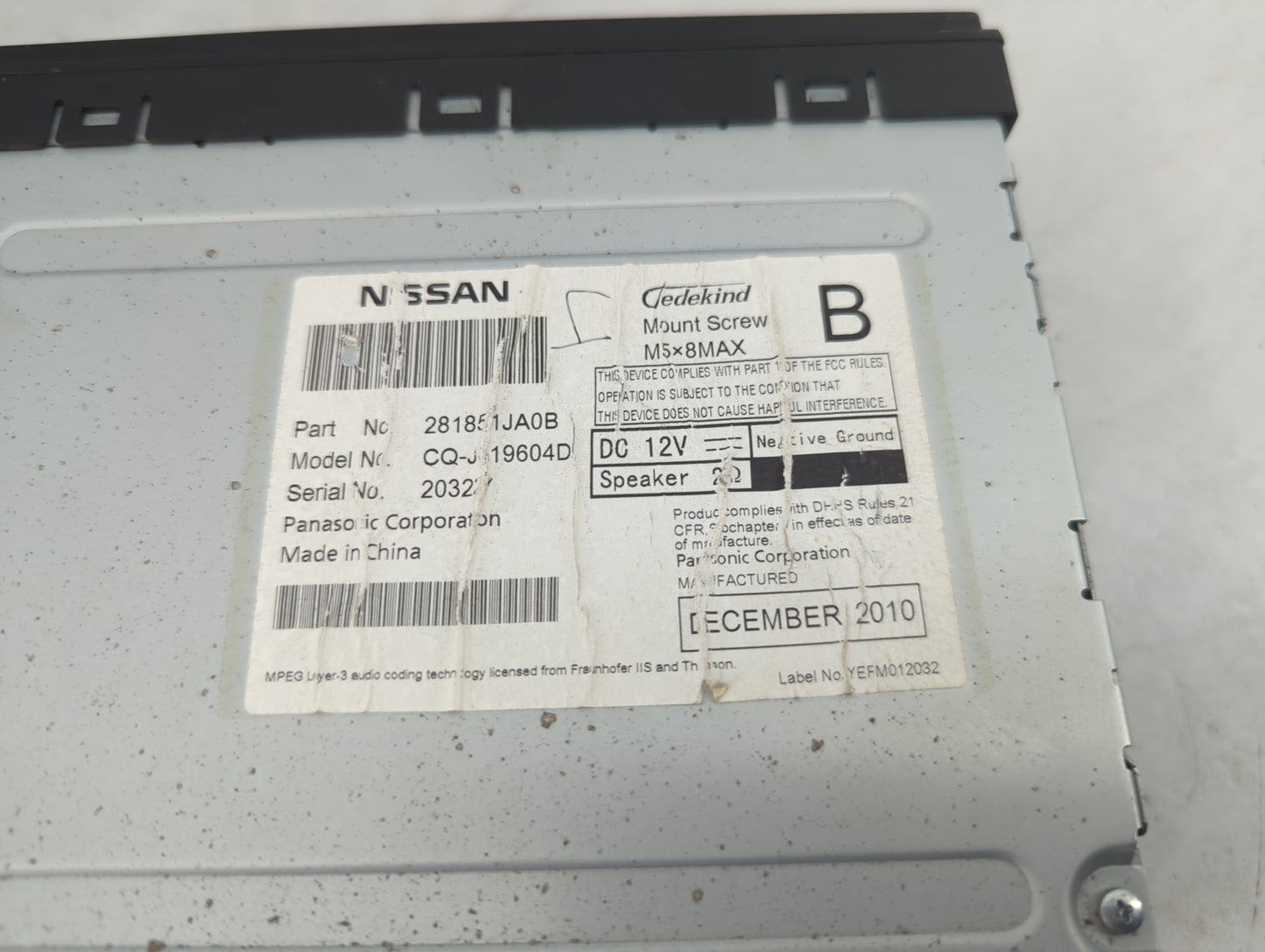 2011 Nissan Quest Radio AM FM Cd Player Receiver Replacement P/N:281851JA0B CQ-JS19604D Fits OEM Used Auto Parts - Oemusedau
