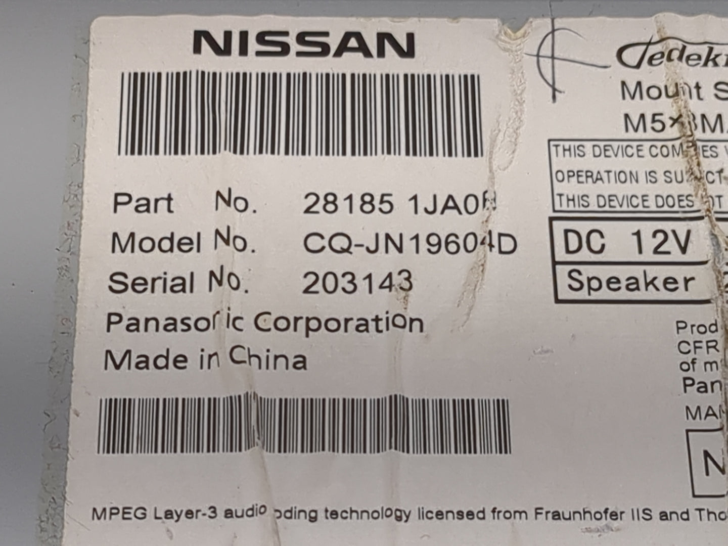2011 Nissan Quest Radio AM FM Cd Player Receiver Replacement P/N:28185 1JA0 CQ-JN19604D Fits OEM Used Auto Parts - Oemusedau