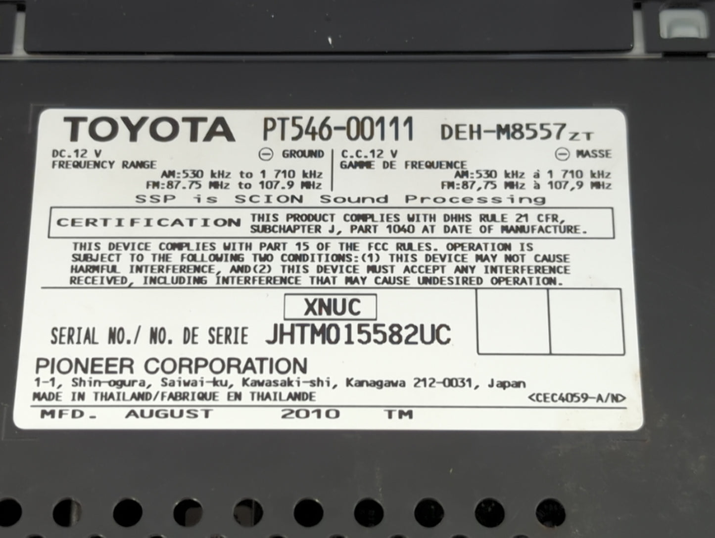 2011-2012 Scion Tc Radio AM FM Cd Player Receiver Replacement P/N:PT546-00111 Fits Fits 2008 2009 2010 2011 2012 2013 2014 O