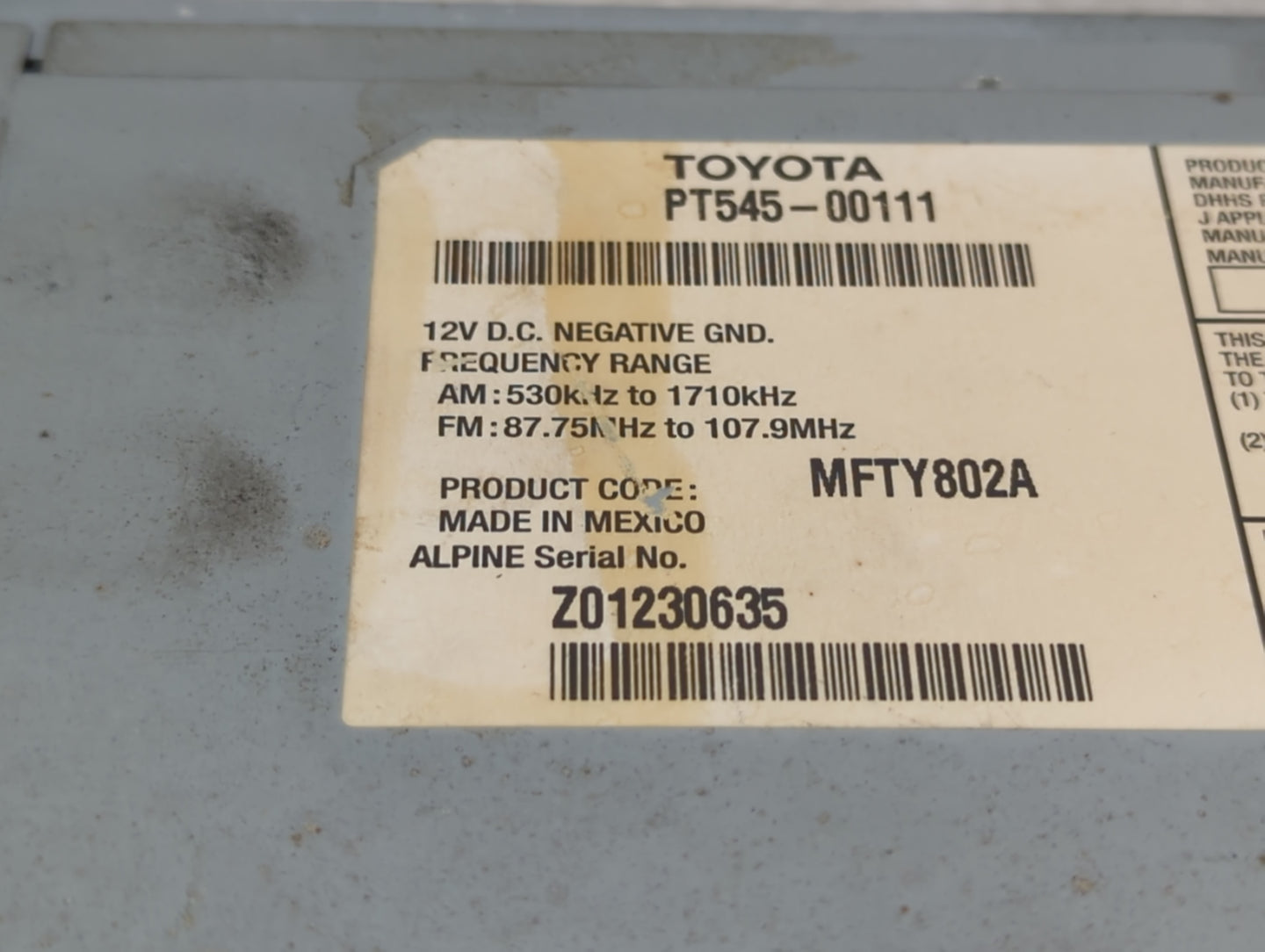 2010-2012 Scion Tc Radio AM FM Cd Player Receiver Replacement P/N:PT545-00111 MFTY802A Fits OEM Used Auto Parts - Oemusedaut