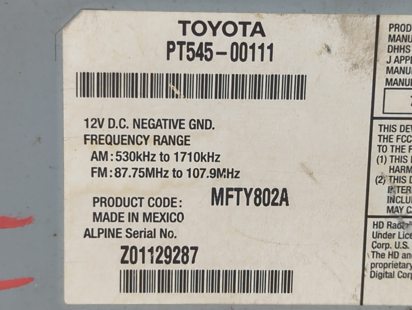 2011-2014 Scion Tc Radio AM FM Cd Player Receiver Replacement P/N:PT545-00111 MFTY802A Fits OEM Used Auto Parts - Oemusedaut