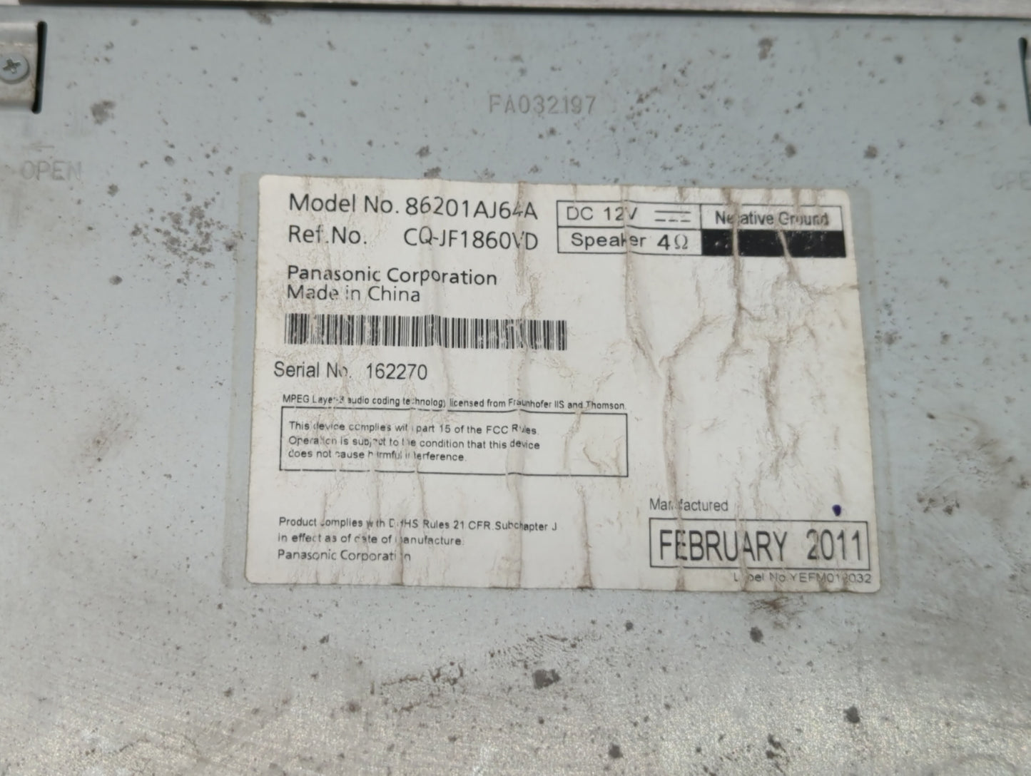 2010-2012 Subaru Legacy Radio AM FM Cd Player Receiver Replacement P/N:86201AJ64A Fits Fits 2010 2011 2012 OEM Used Auto Par