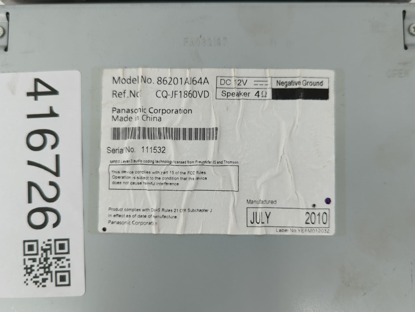 2010-2012 Subaru Legacy Radio AM FM Cd Player Receiver Replacement P/N:86201AJ65A 86201AJ64A Fits Fits 2010 2011 2012 OEM Us