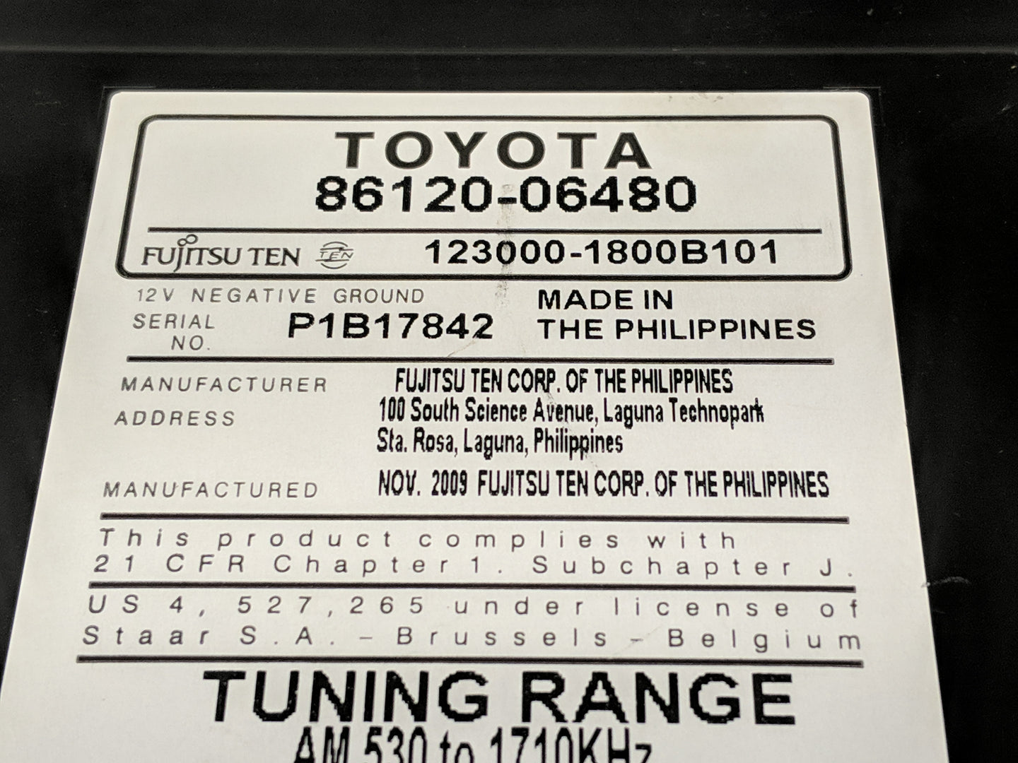 2010-2011 Toyota Camry Radio AM FM Cd Player Receiver Replacement P/N:123000-1800B101 86120-06480 Fits Fits 2010 2011 OEM Us