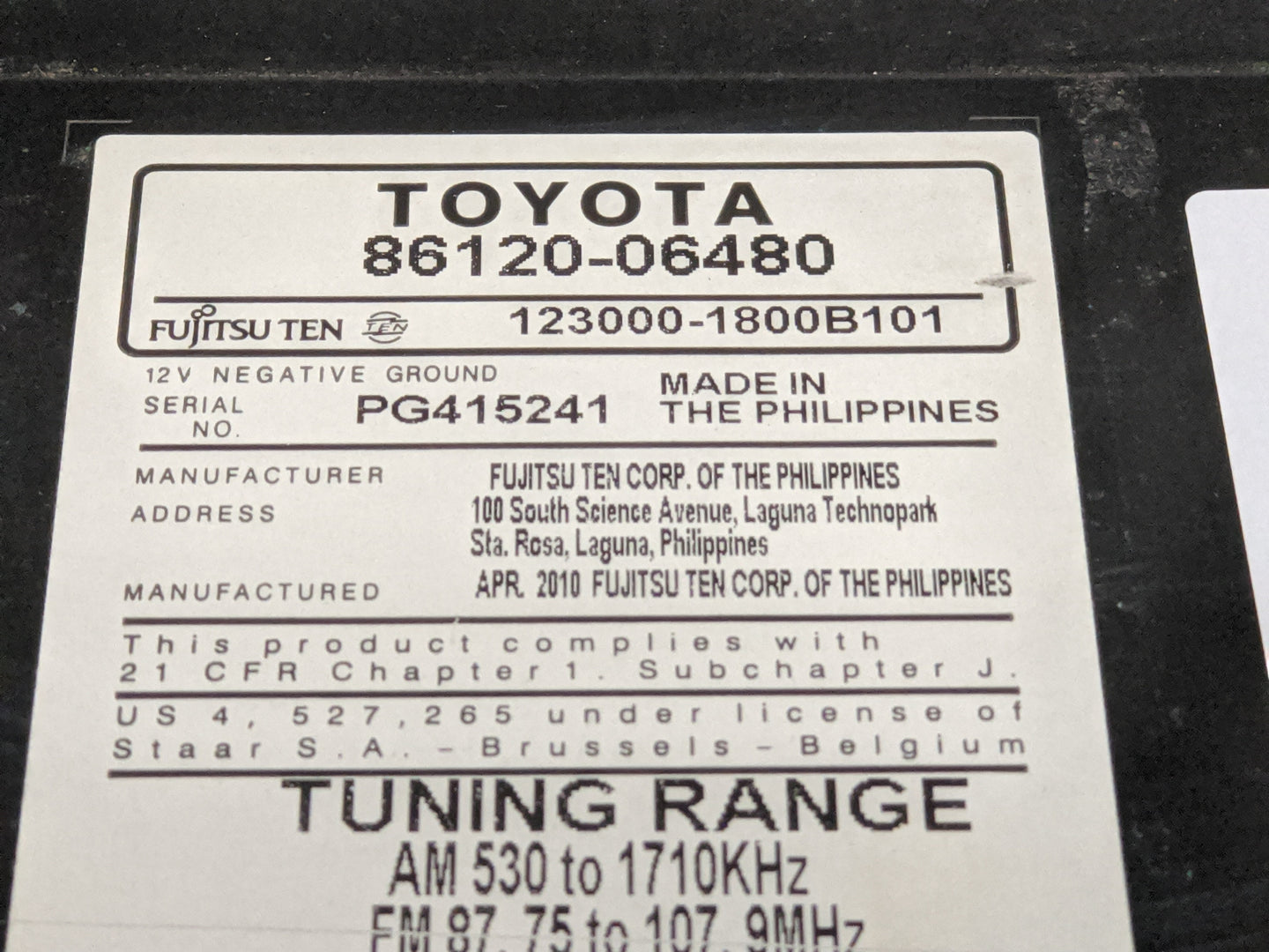2010-2011 Toyota Camry Radio AM FM Cd Player Receiver Replacement P/N:86120-06480 Fits Fits 2010 2011 OEM Used Auto Parts - 