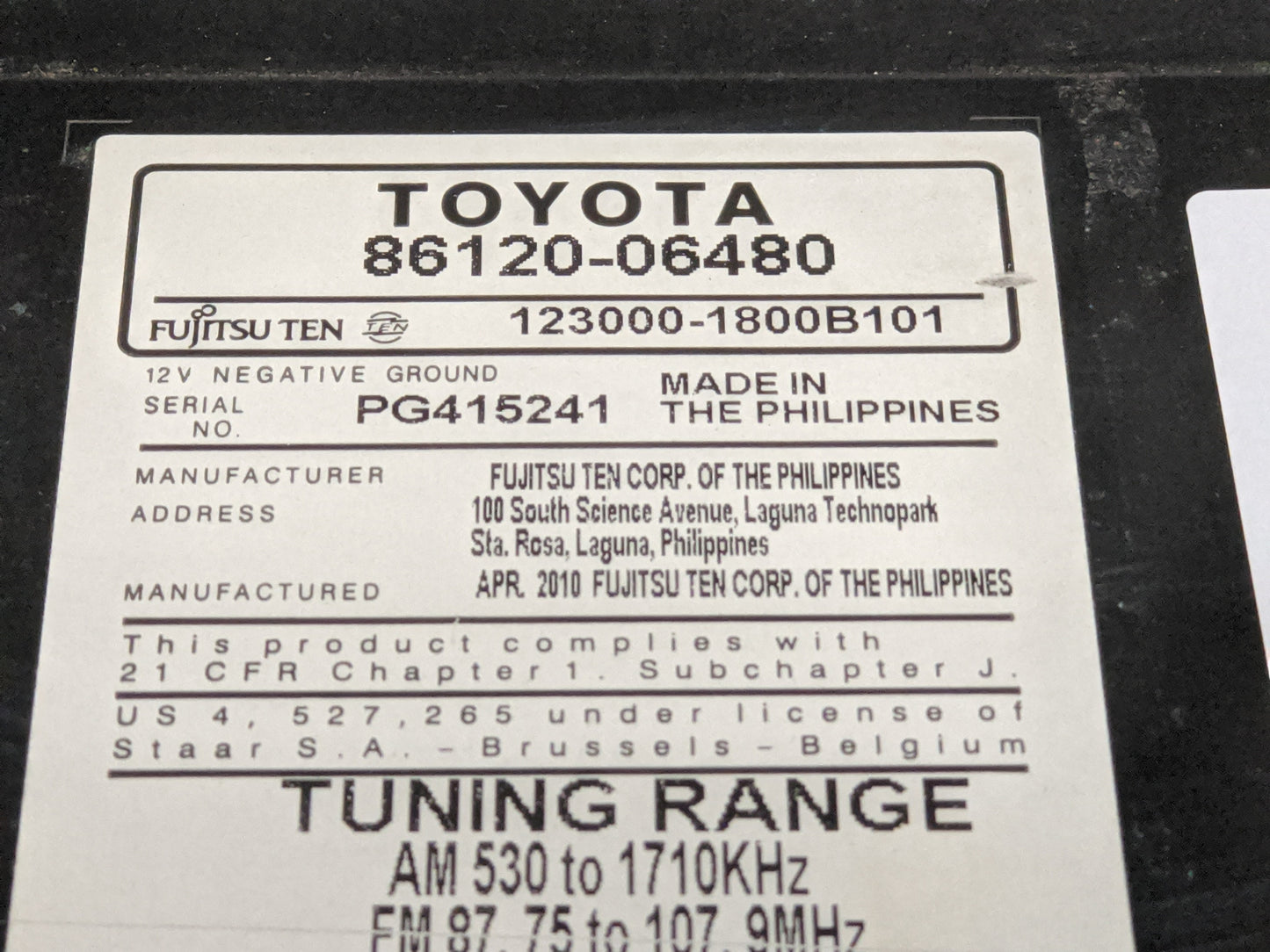 2010-2011 Toyota Camry Radio AM FM Cd Player Receiver Replacement P/N:86120-06480 Fits Fits 2010 2011 OEM Used Auto Parts - 