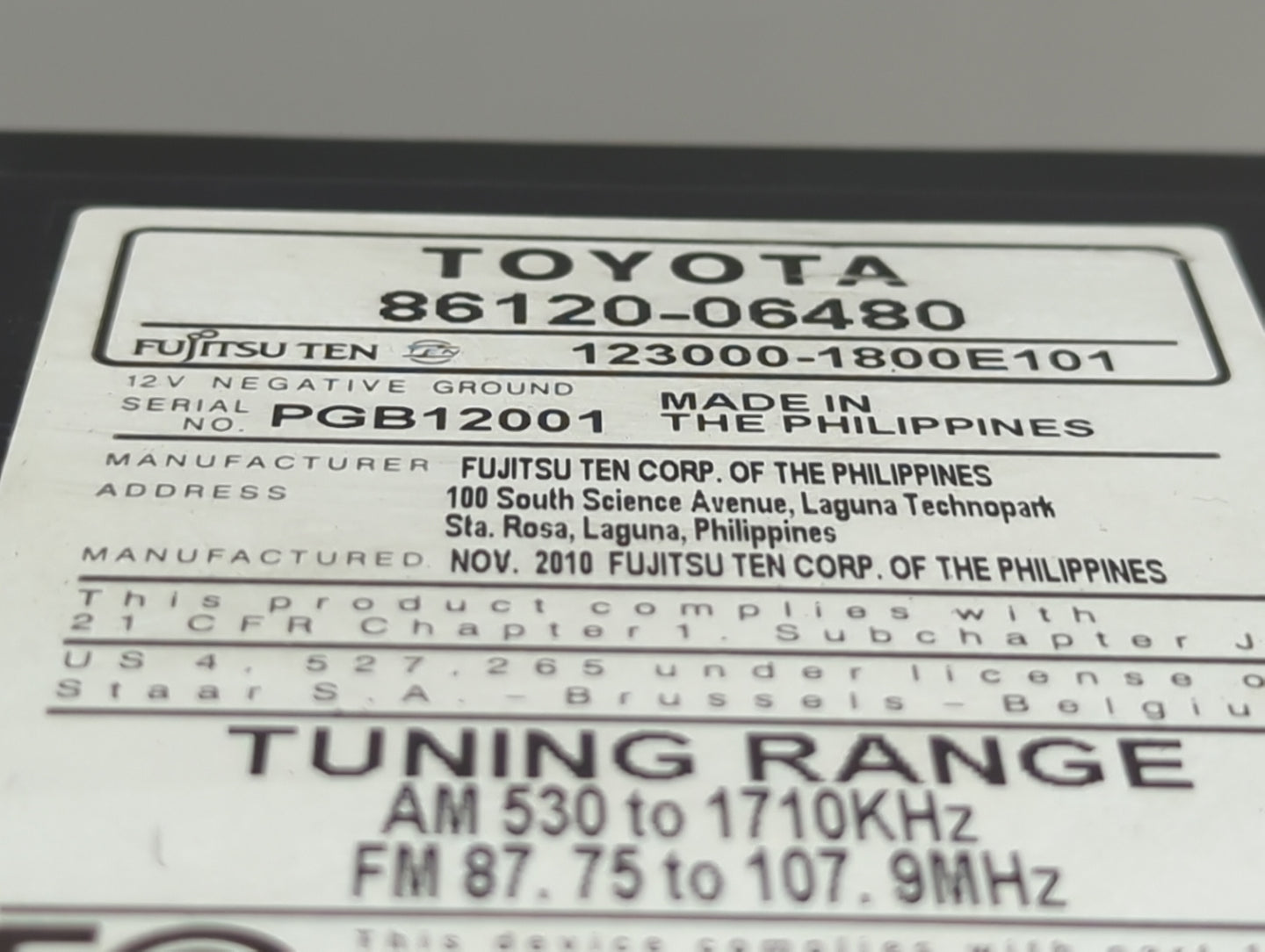 2010-2011 Toyota Camry Radio AM FM Cd Player Receiver Replacement P/N:86120-06480 123000-1800E101 Fits Fits 2010 2011 OEM Us