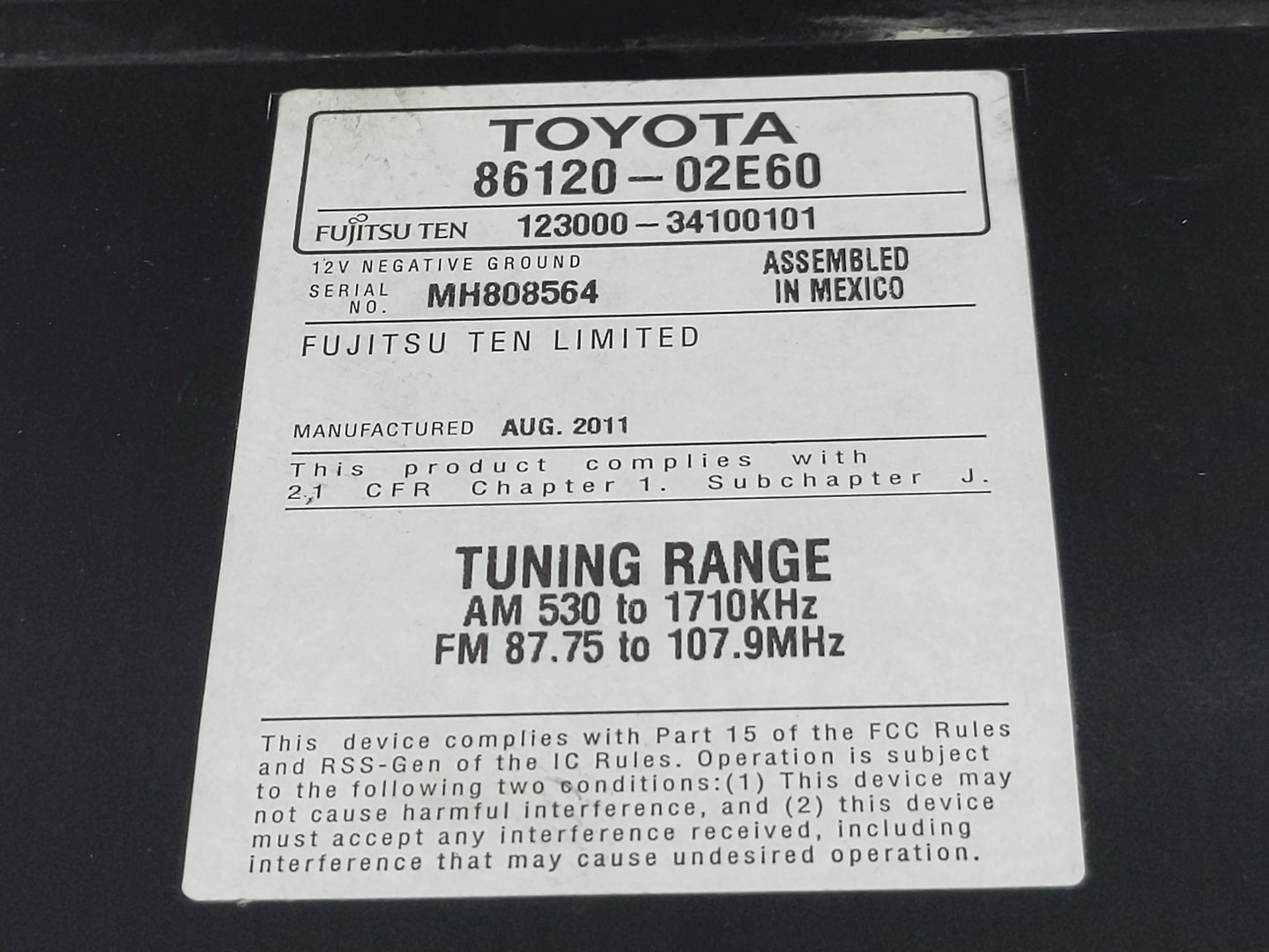 2011 Toyota Corolla Radio AM FM Cd Player Receiver Replacement P/N:86120-02E60 Fits OEM Used Auto Parts - Oemusedautoparts1.