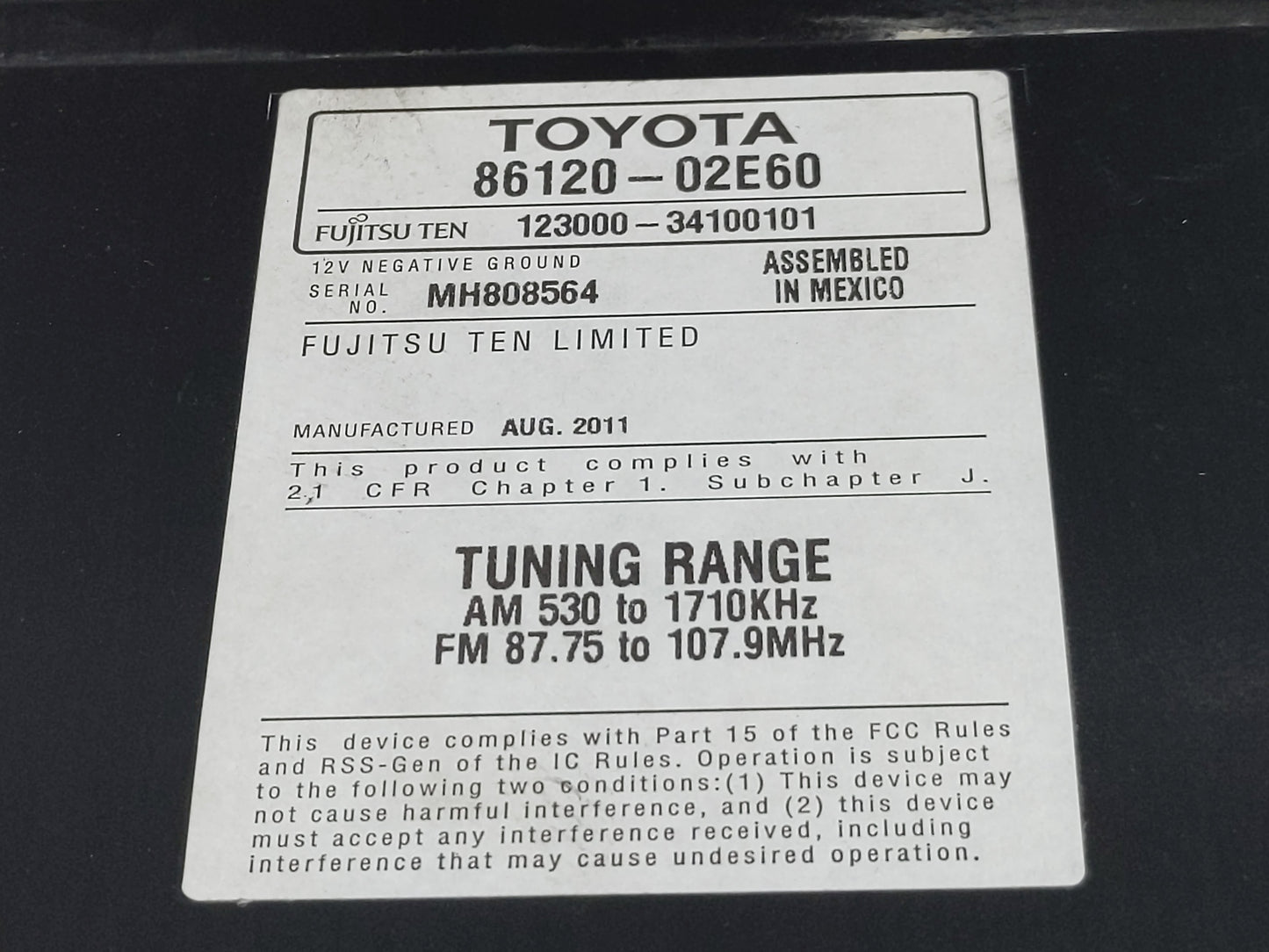 2011 Toyota Corolla Radio AM FM Cd Player Receiver Replacement P/N:86120-02E60 Fits OEM Used Auto Parts - Oemusedautoparts1.