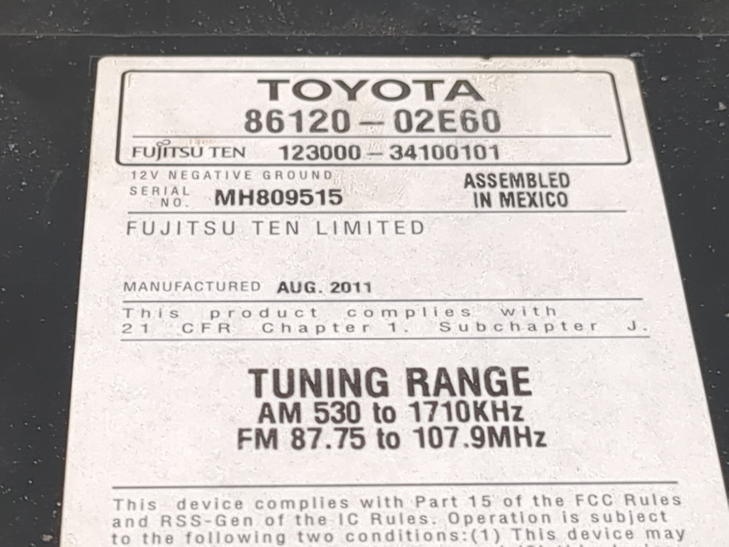 2011-2012 Toyota Corolla Radio AM FM Cd Player Receiver Replacement P/N:86120-02E60 123000-34100101 Fits Fits 2011 2012 OEM 