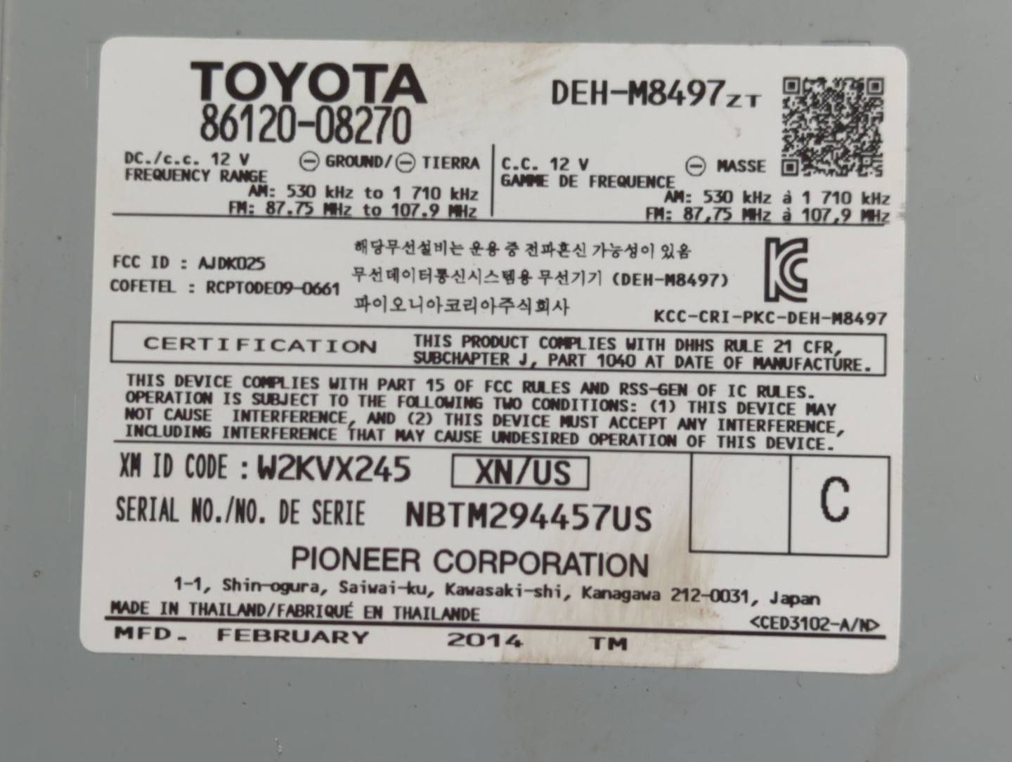 2011-2014 Toyota Sienna Radio AM FM Cd Player Receiver Replacement P/N:86120-08270 Fits Fits 2011 2012 2013 2014 OEM Used Au