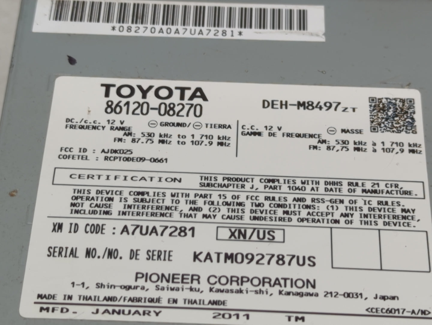 2011-2014 Toyota Sienna Radio AM FM Cd Player Receiver Replacement P/N:86120-08270 Fits Fits 2011 2012 2013 2014 OEM Used Au