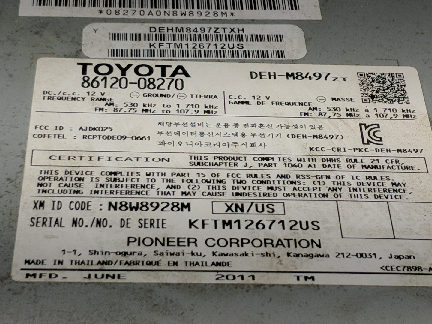 2011-2014 Toyota Sienna Radio AM FM Cd Player Receiver Replacement P/N:86120-08270 DEH-M8497ZT Fits Fits 2011 2012 2013 2014