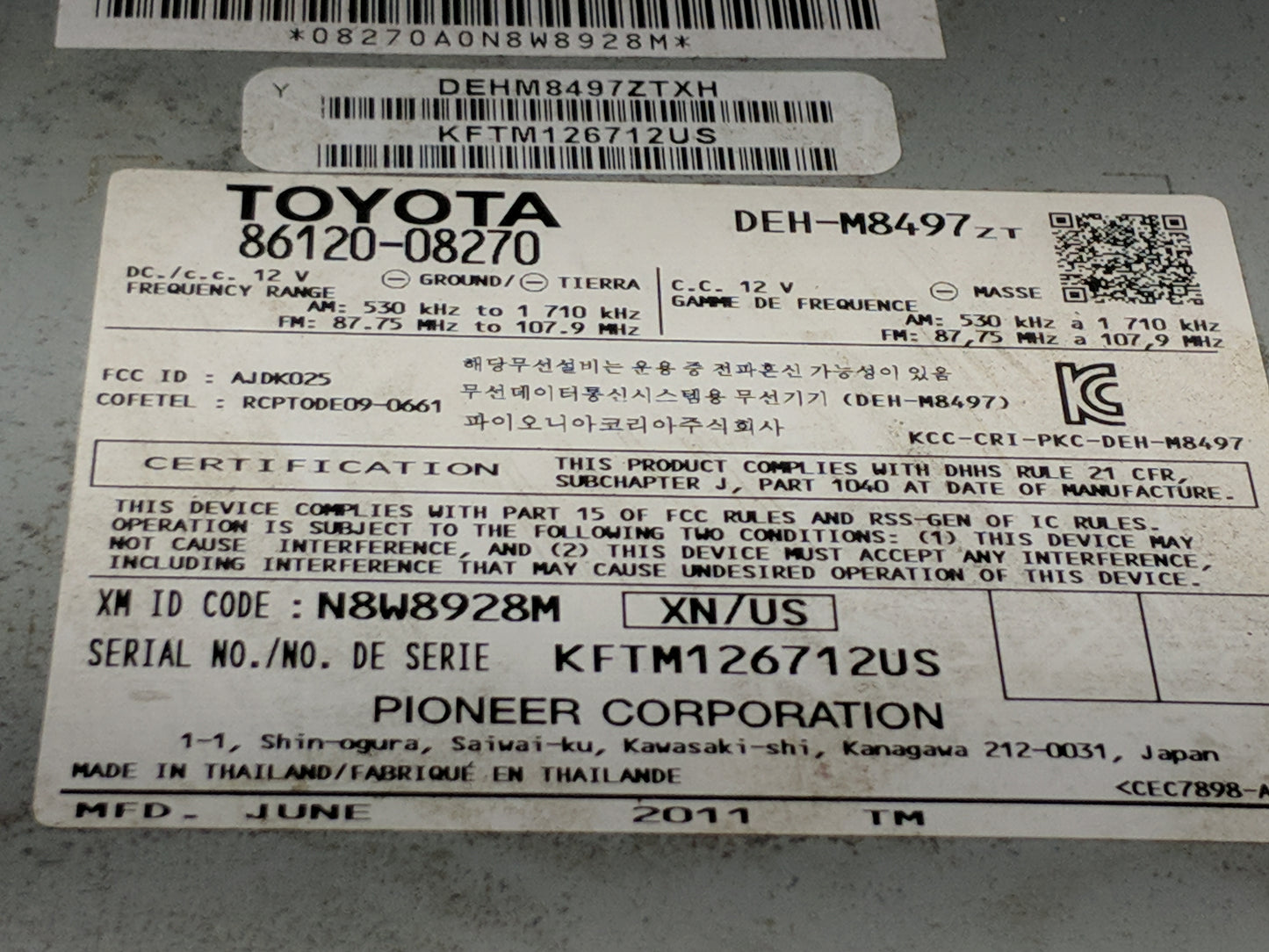 2011-2014 Toyota Sienna Radio AM FM Cd Player Receiver Replacement P/N:86120-08270 DEH-M8497ZT Fits Fits 2011 2012 2013 2014