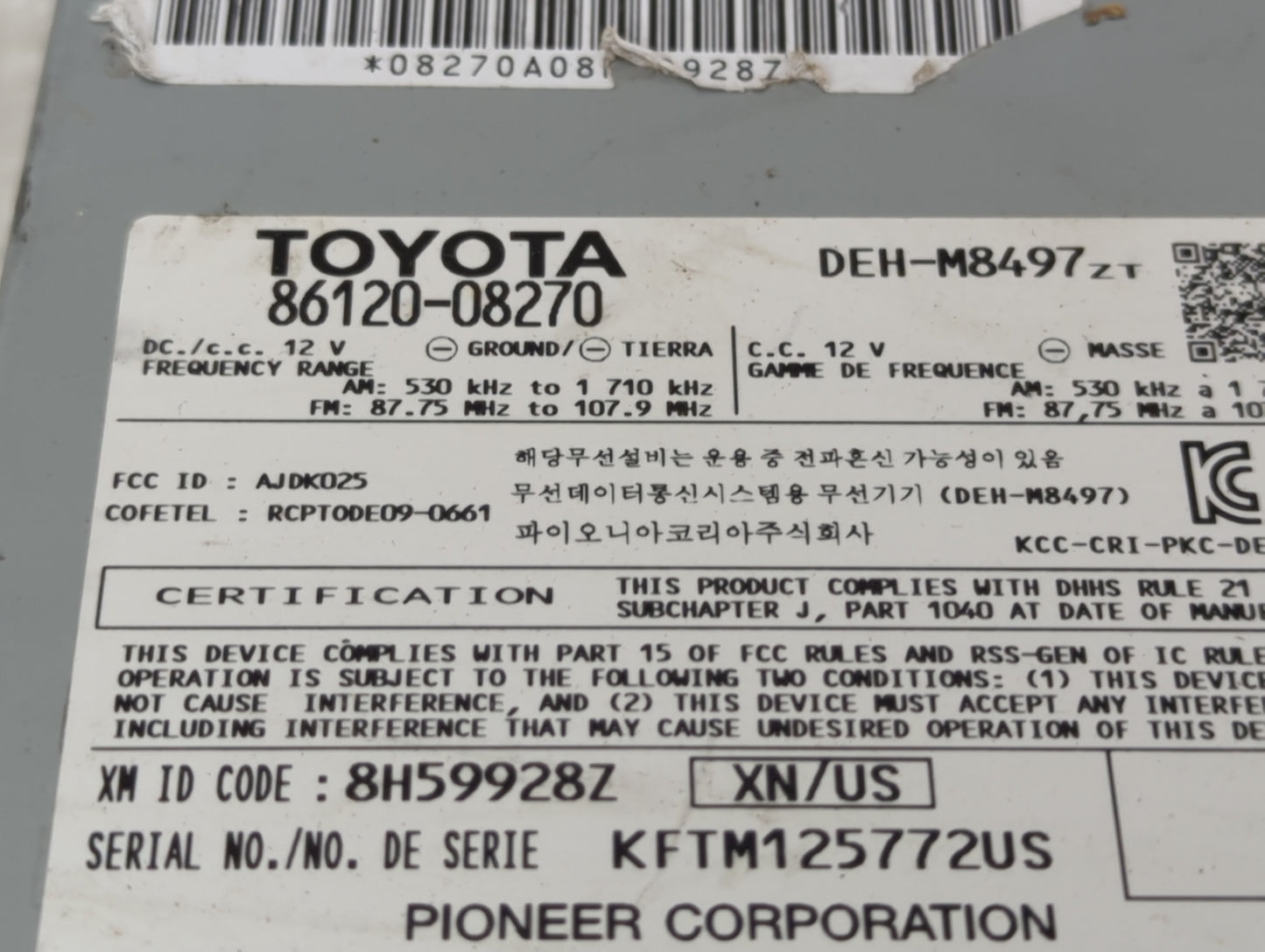 2011-2014 Toyota Sienna Radio AM FM Cd Player Receiver Replacement P/N:86120-08270 DEH-M8497ZT Fits Fits 2011 2012 2013 2014