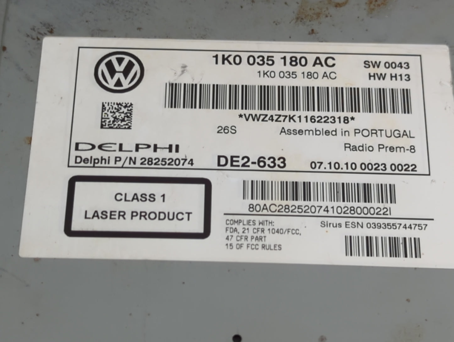 2009-2013 Volkswagen Cc Radio AM FM Cd Player Receiver Replacement P/N:1K0 035 180 AD Fits OEM Used Auto Parts - Oemusedauto