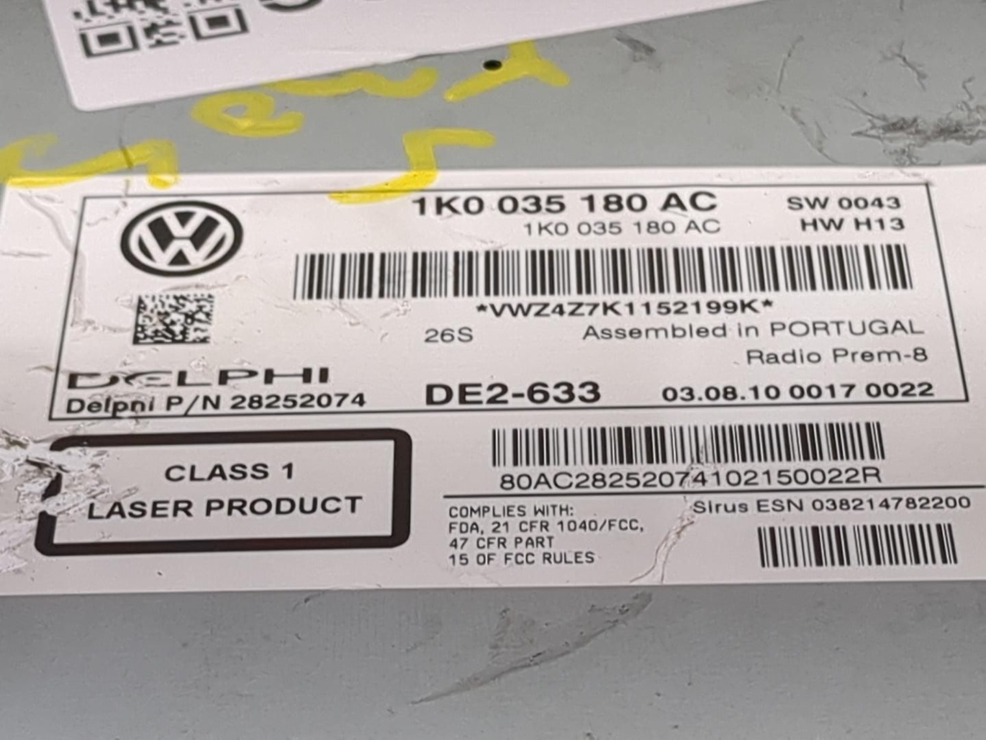 2009-2013 Volkswagen Cc Radio AM FM Cd Player Receiver Replacement P/N:1K0035180AC 28252074 Fits OEM Used Auto Parts - Oemus