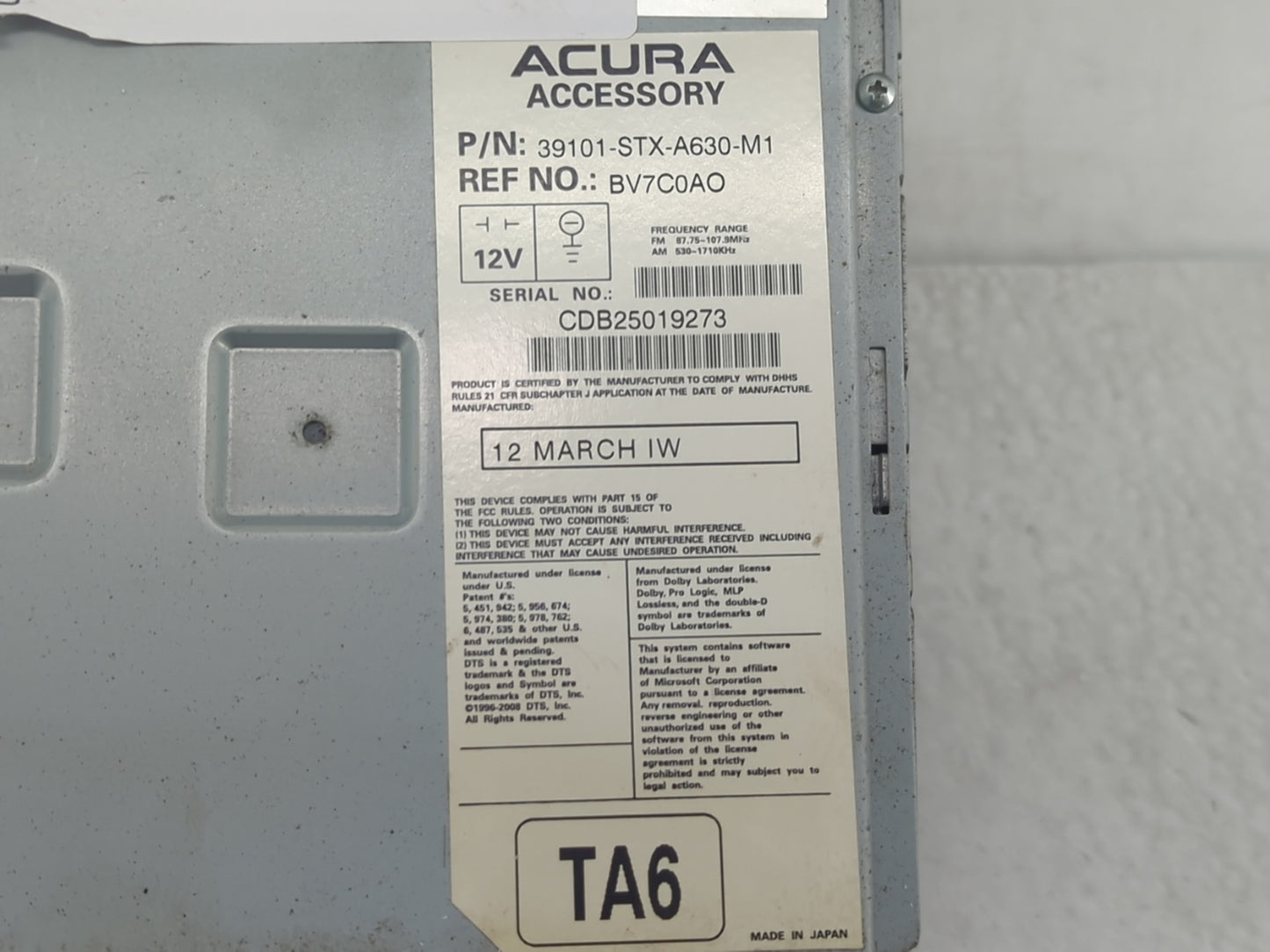 2010-2013 Acura Mdx Radio AM FM Cd Player Receiver Replacement P/N:39101-STX-A630-M1 Fits Fits 2010 2011 2012 2013 OEM Used 