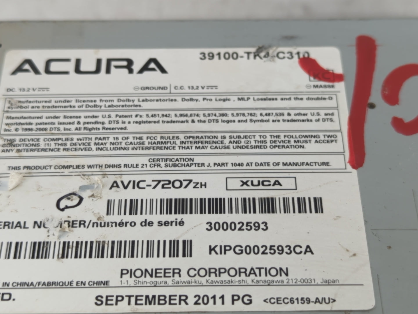 2012 Acura Tl Radio AM FM Cd Player Receiver Replacement P/N:39100-TK4-C310 Fits OEM Used Auto Parts - Oemusedautoparts1.com