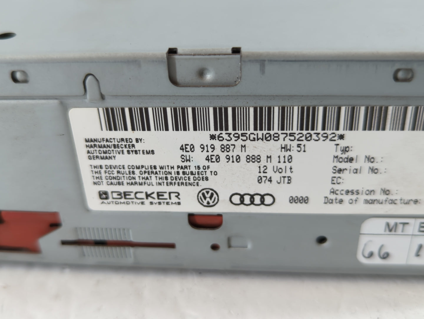 2012 Audi A4 Radio AM FM Cd Player Receiver Replacement P/N:4E0 919 887 M Fits OEM Used Auto Parts - Oemusedautoparts1.com