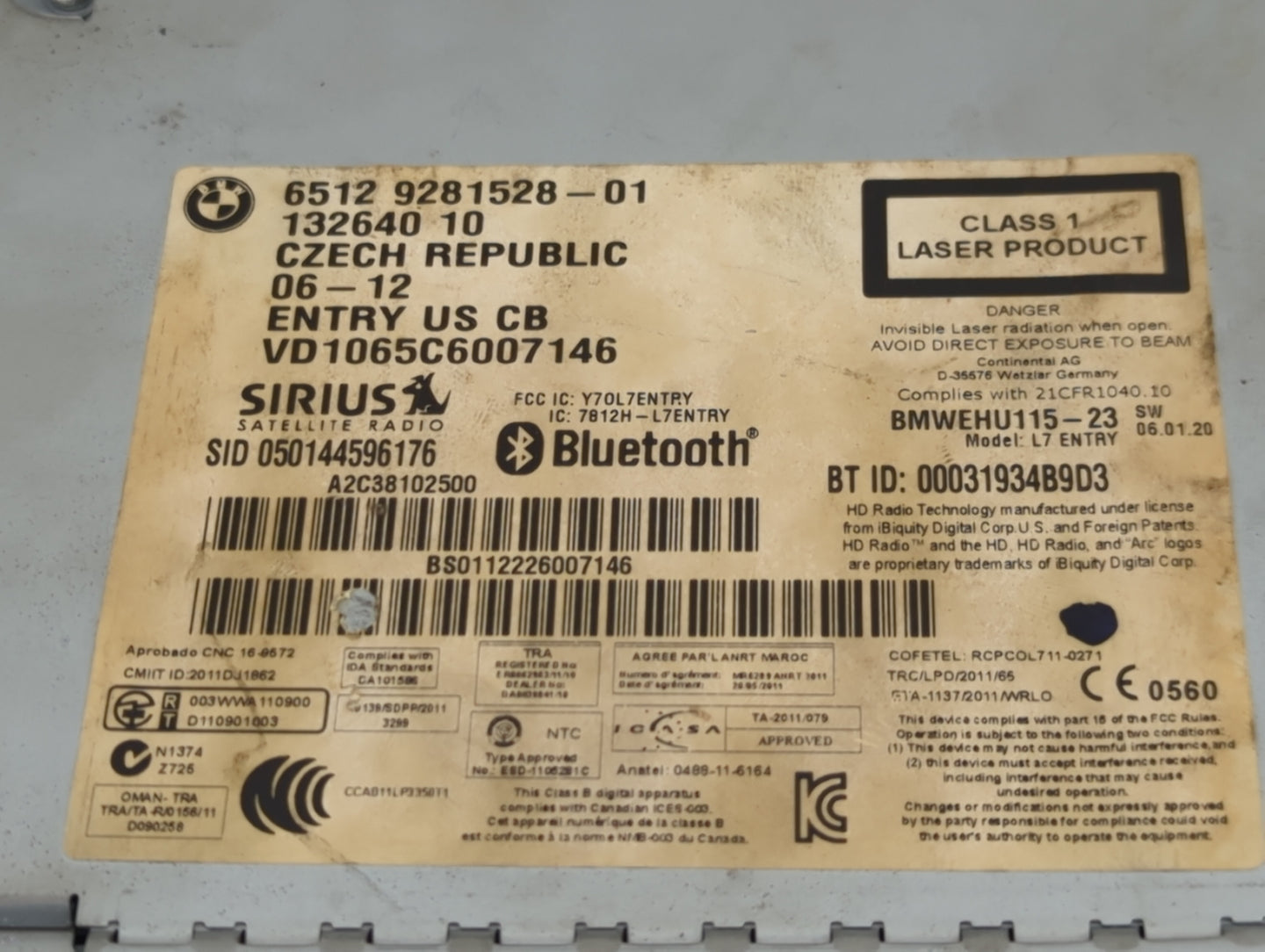 2012 Bmw 328 Radio AM FM Cd Player Receiver Replacement P/N:6512 9281528-01 9281528-01, BMWEHU115-23, A2C38102500, Y7OL7ENTR