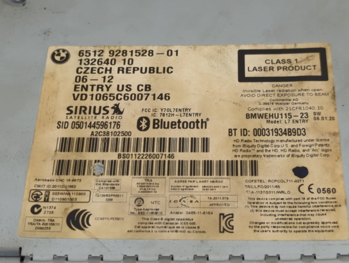 2012 Bmw 328 Radio AM FM Cd Player Receiver Replacement P/N:6512 9281528-01 9281528-01, BMWEHU115-23, A2C38102500, Y7OL7ENTR