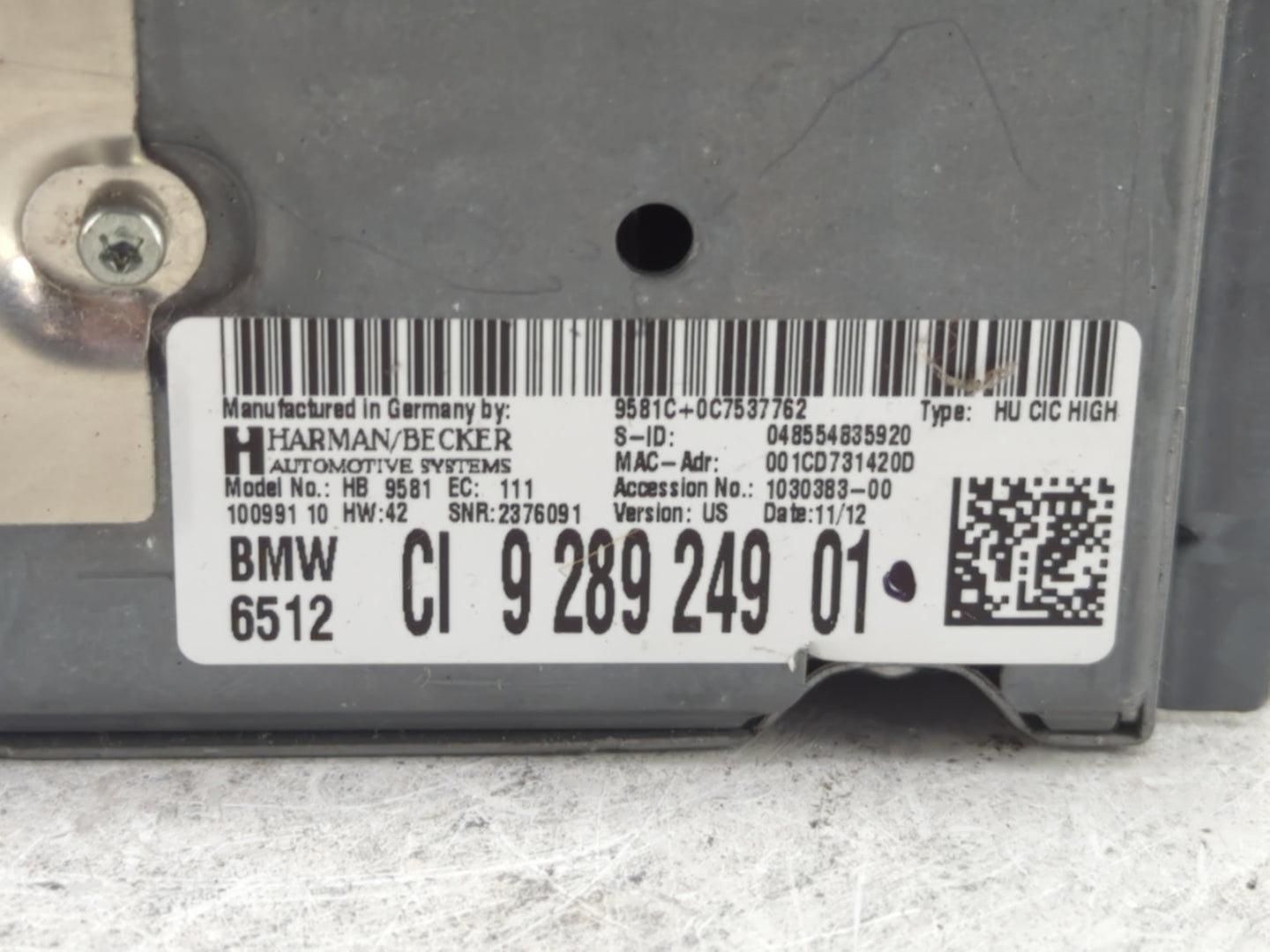 2011-2012 Bmw 528i Radio AM FM Cd Player Receiver Replacement P/N:9 289 249 01 Fits Fits 2011 2012 OEM Used Auto Parts - Oem